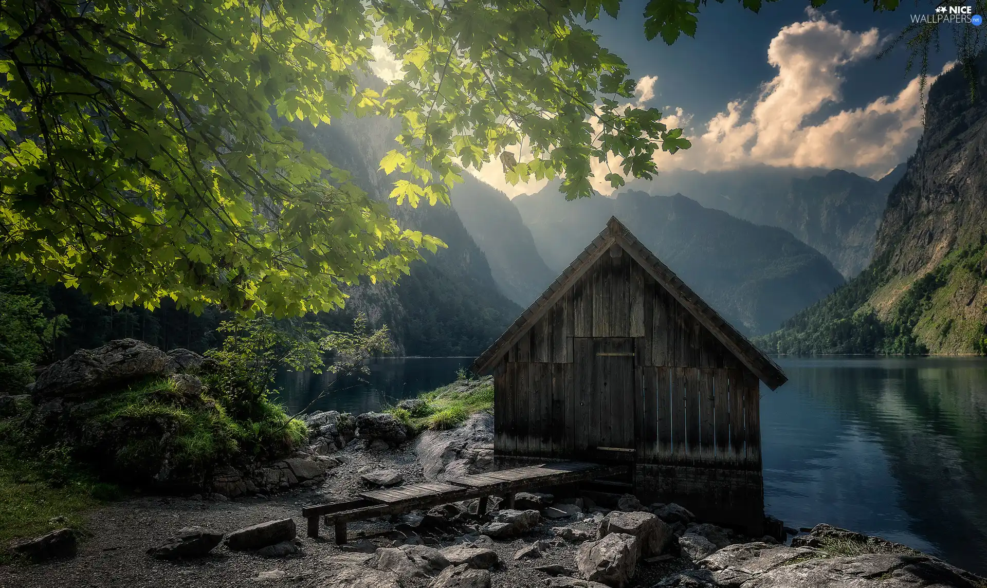 Platform, Mountains, Lake Koenigssee, trees, viewes, Germany, Bavaria, cottage, Wooden, Berchtesgaden National Park, trees