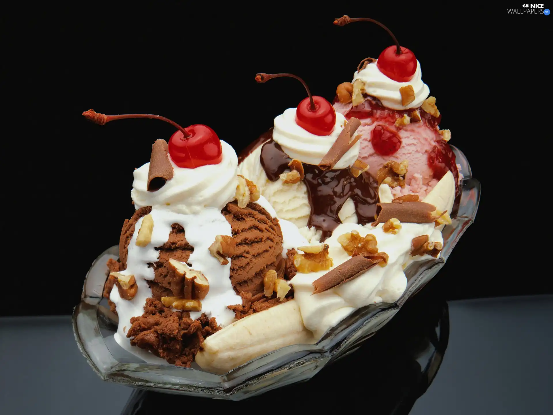 ice cream, cherries, cream, nuts