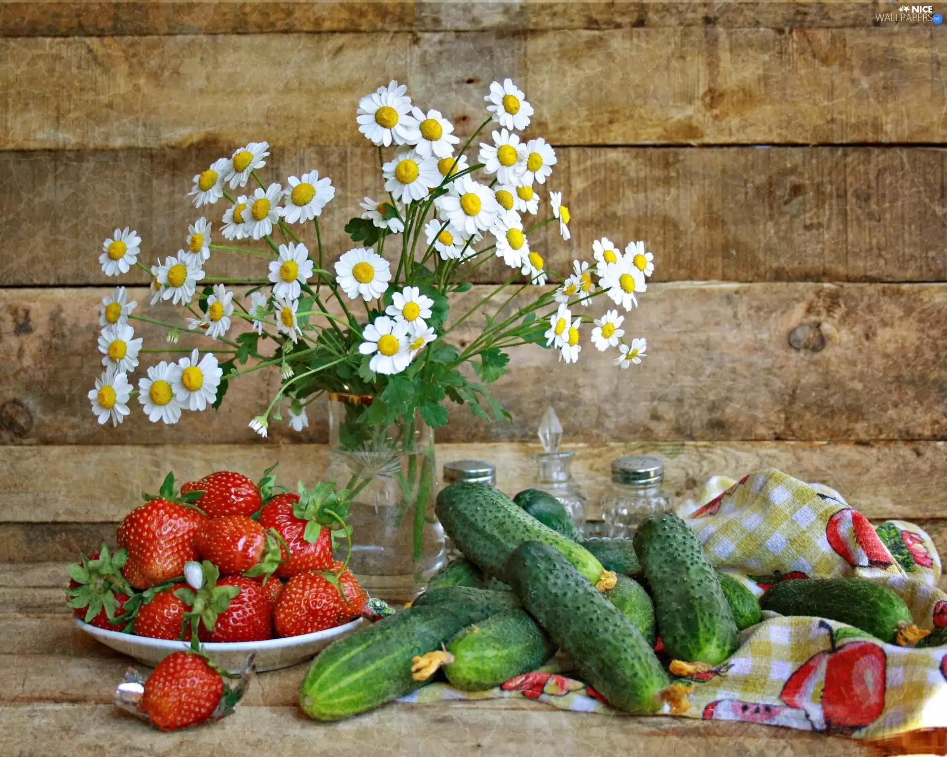 cucumbers, chamomile, strawberries