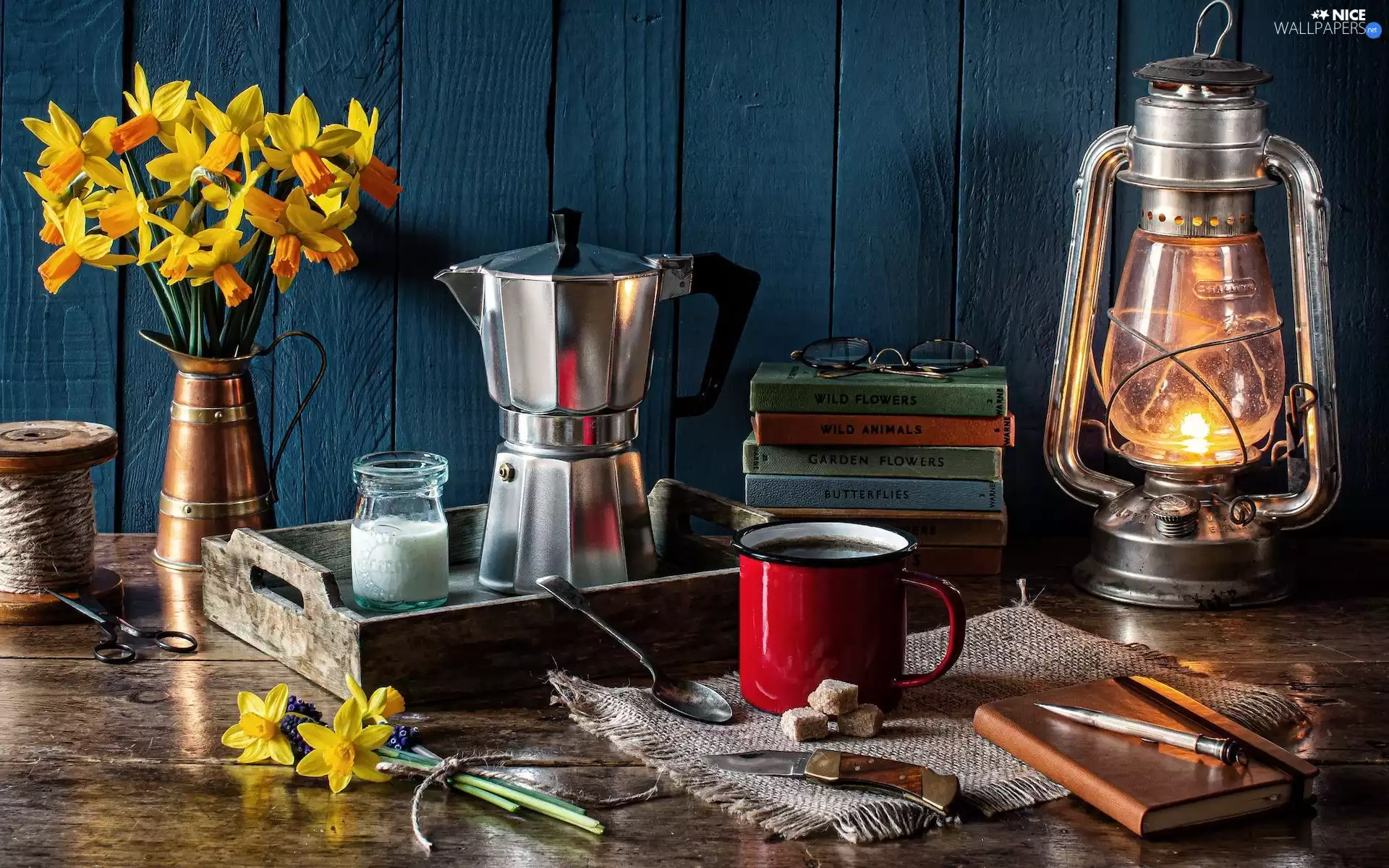 Jonquil, Lamp, Books, bouquet, composition, Coffee Percolator, Cup
