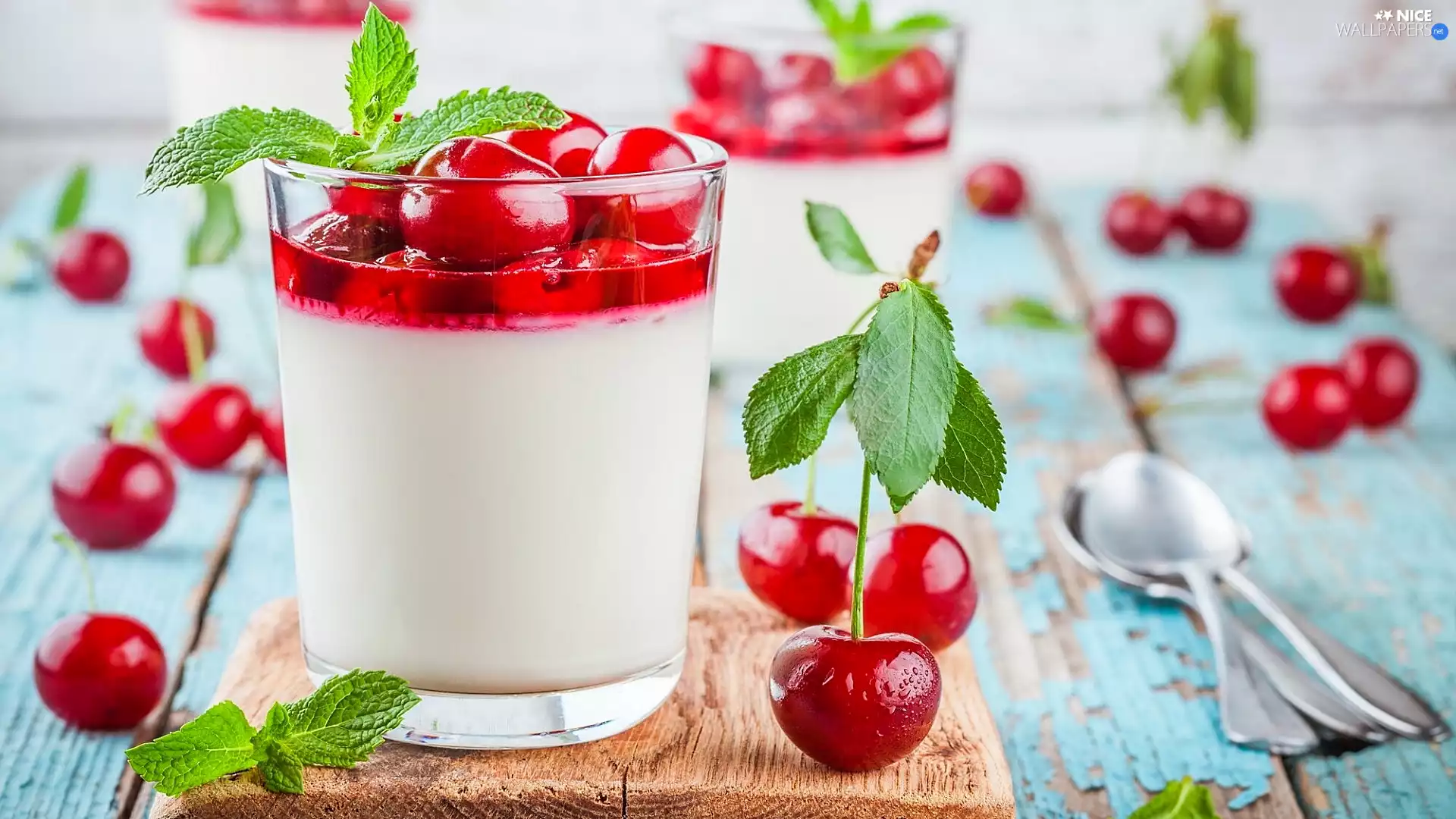 dessert, cup, cherries, Panna cotta