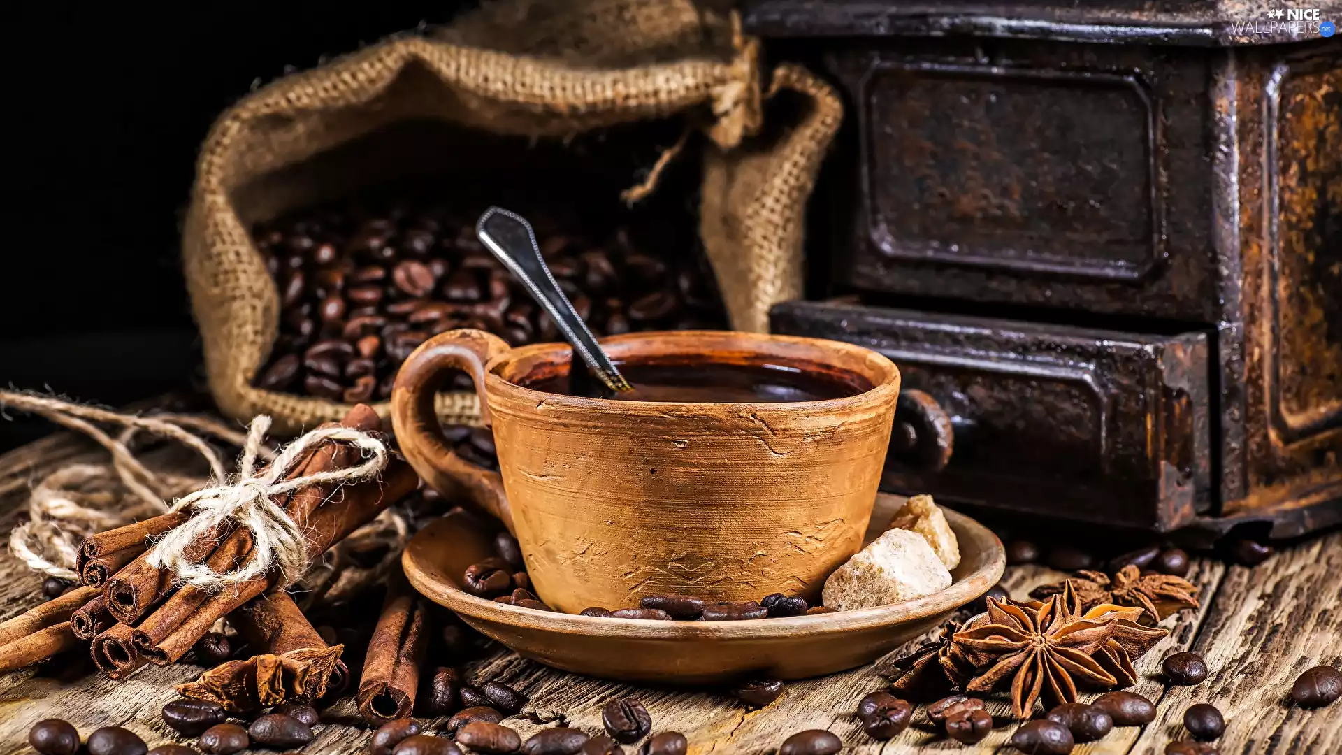 bag, grains, cinnamon, cup, coffee, anise, mill