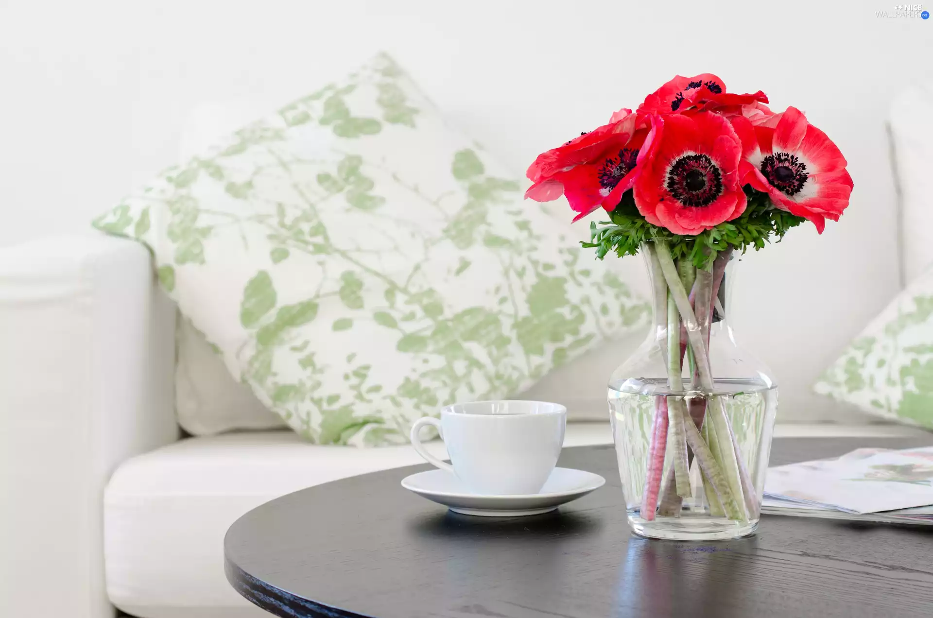 bouquet, Vase, pillows, table, Sofa, Anemones, Flowers, cup