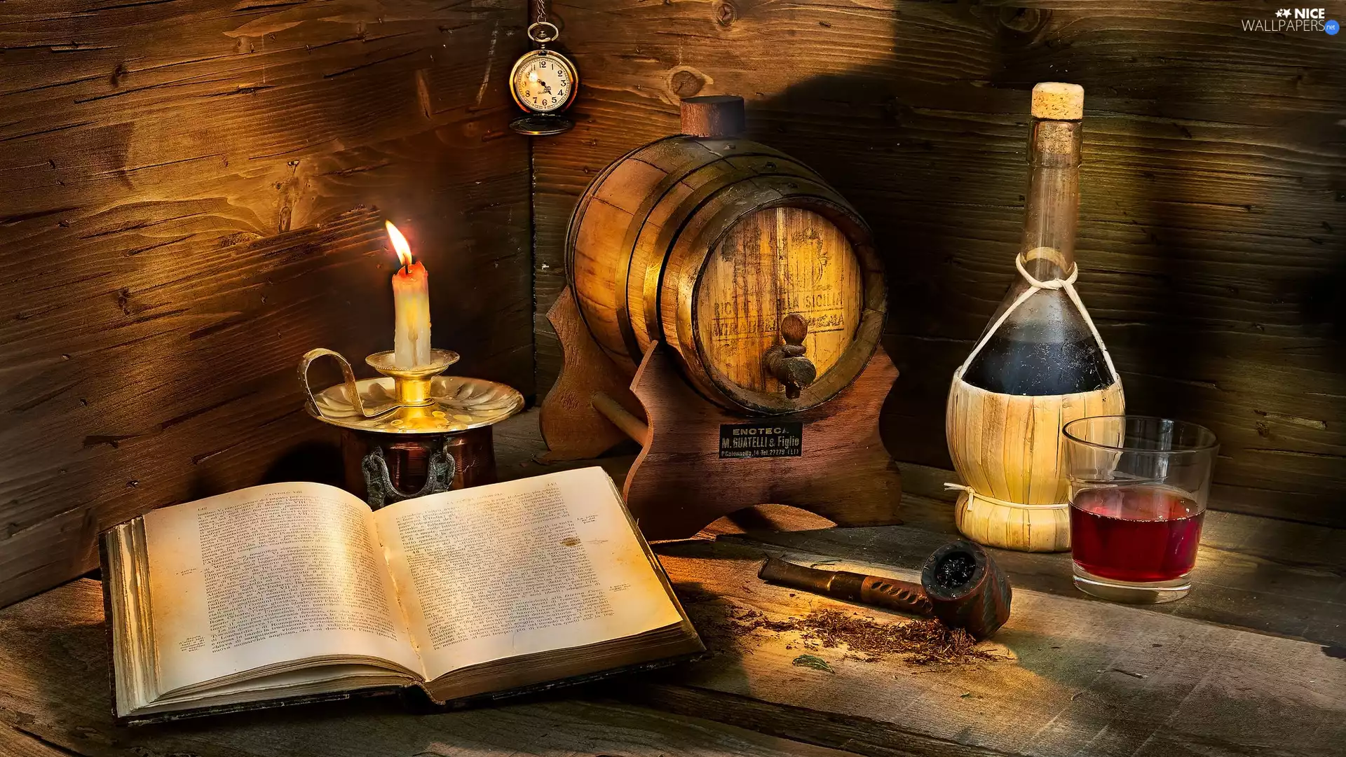 Watch, barrel, pipe, Wine, Book, candle, composition, cup