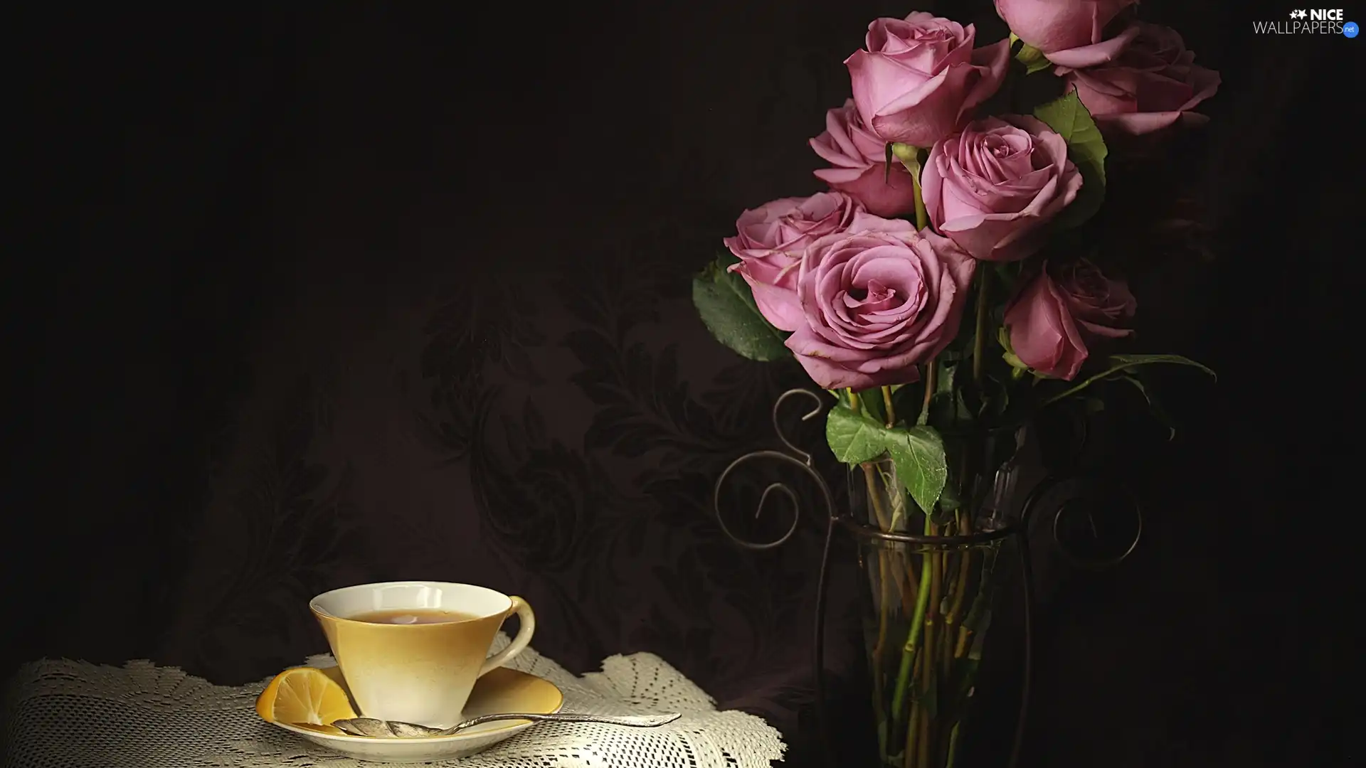 cup, bowl, roses