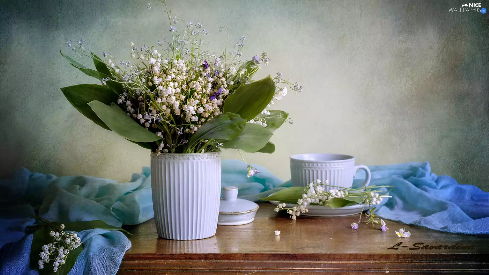 cup, composition, blue, stuff, Lily of the Valley, Vase