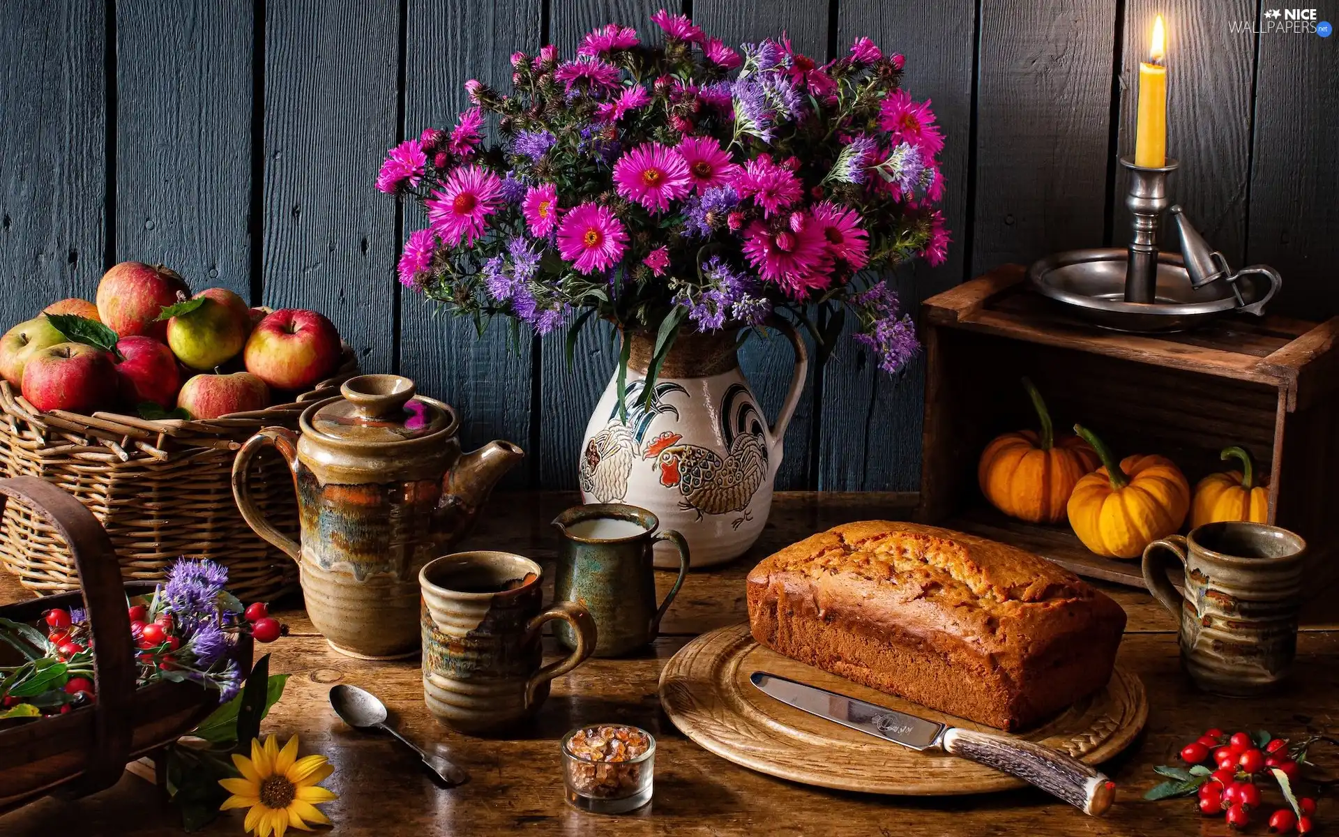 pumpkin, basket, Bouquet of Flowers, jug, Astra, composition, apples, cups, cake, candle