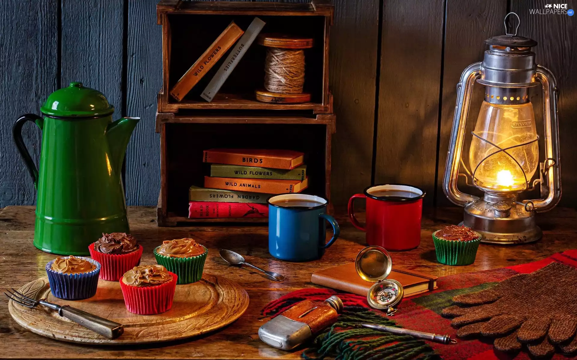 Books, composition, Muffins, cups, Lamp, jug