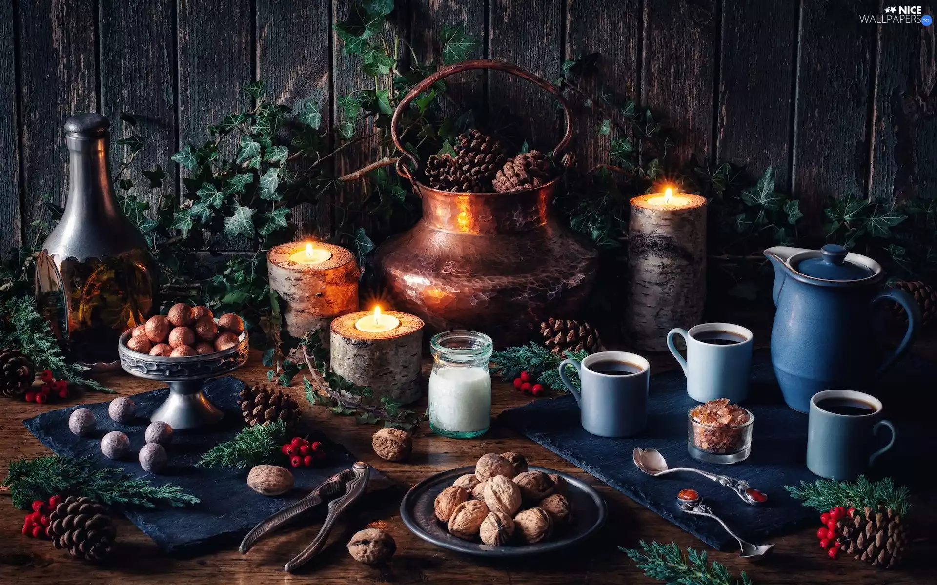 ivy, Candles, nuts, cups, composition, jug, cones