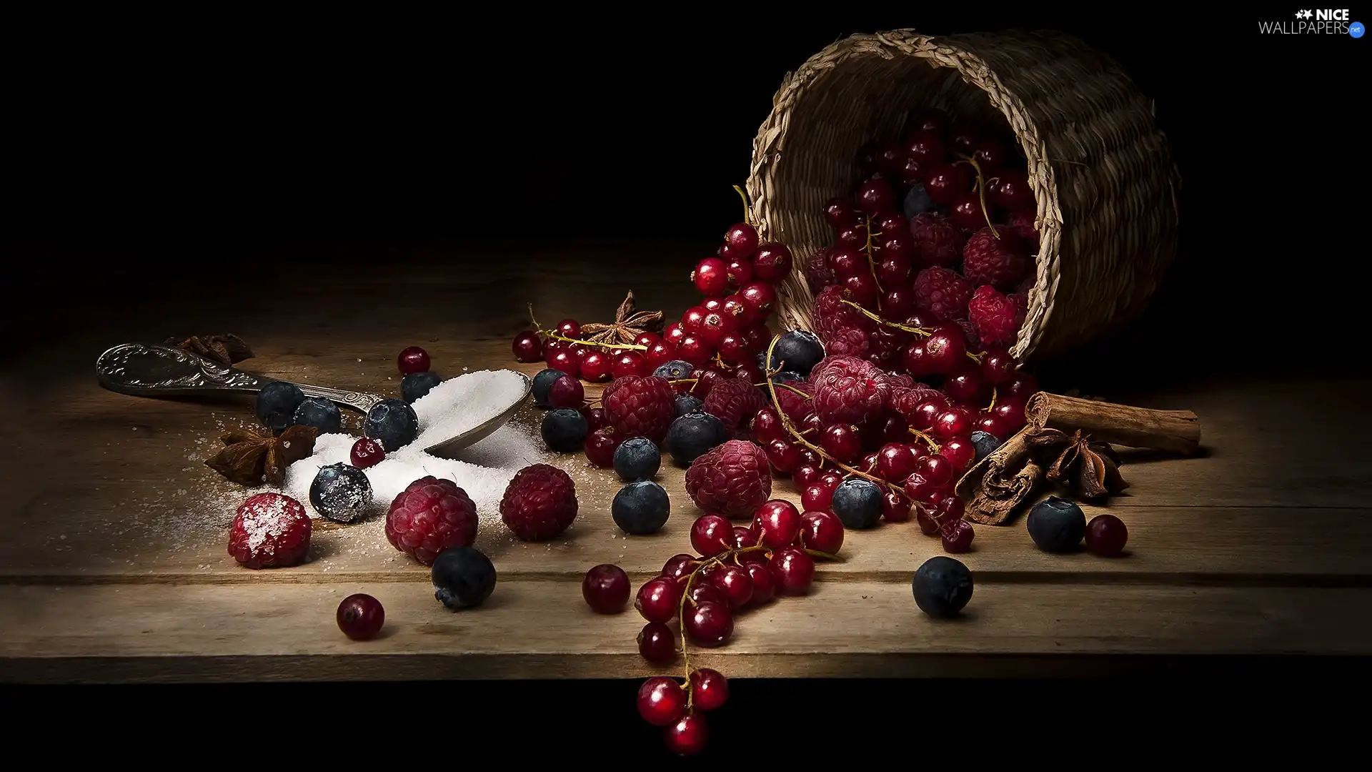 blueberries, basket, sugar, raspberries, composition, currant, teaspoon