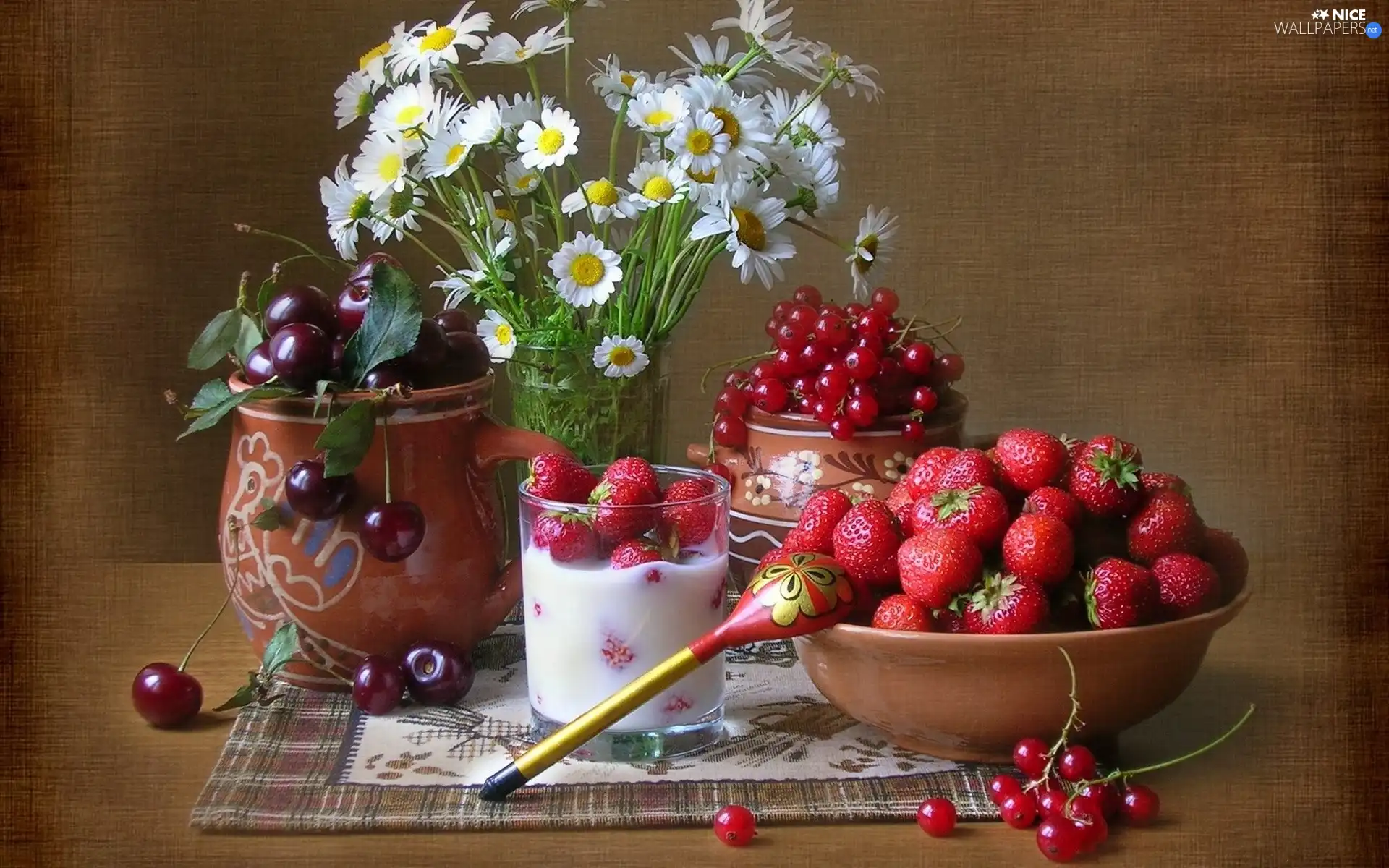 daisy, cherries, currants, strawberries