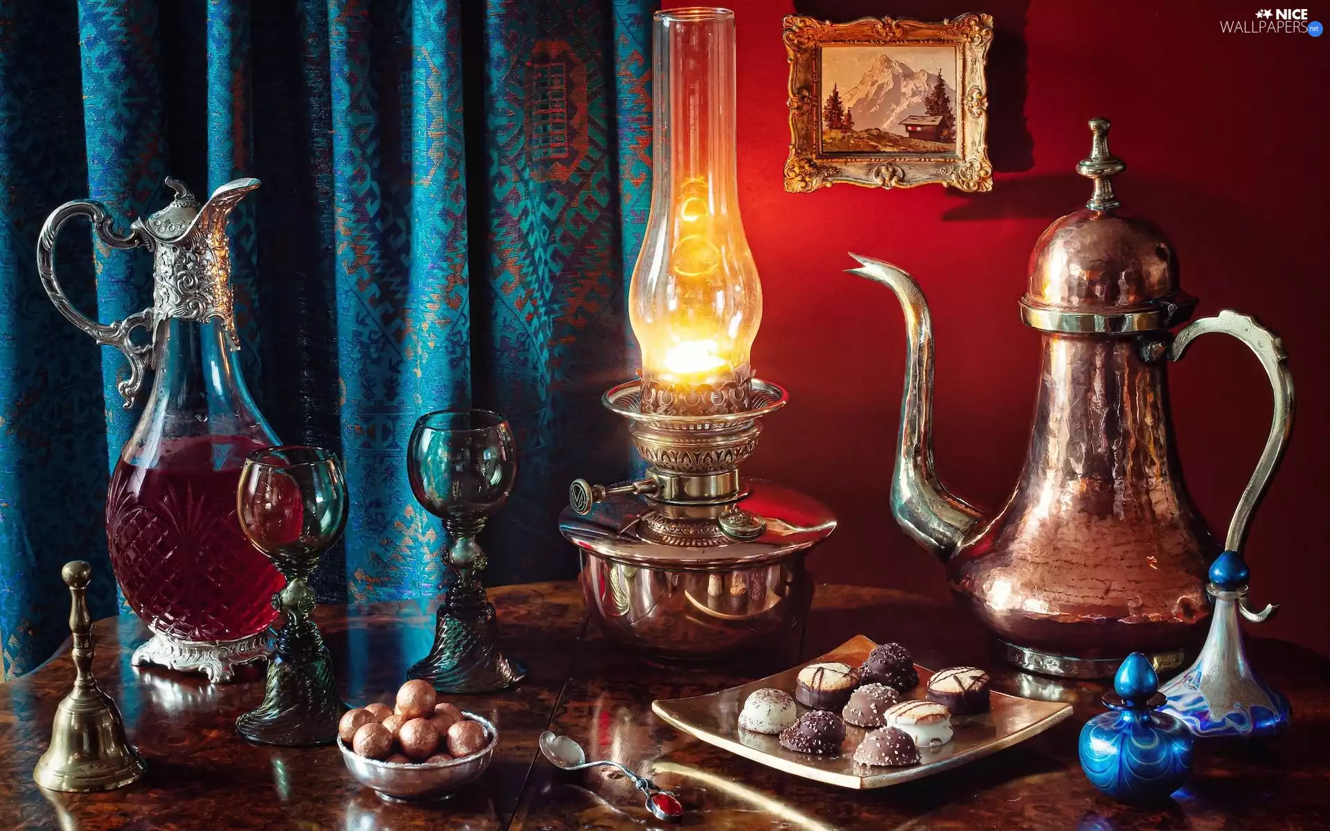 curtain, Lamp, jug, carafe, bell, composition, picture, glass, pralines