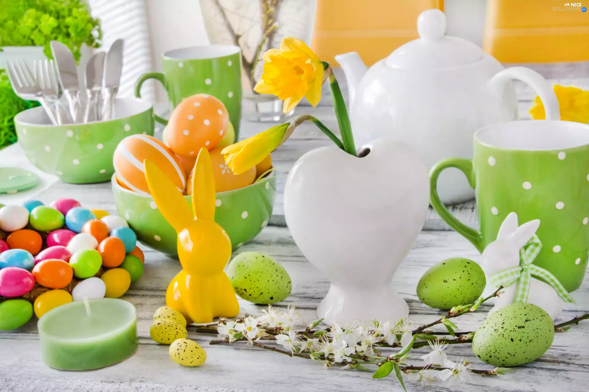 rabbits, eggs, jug, vase, cups, Easter, composition, Daffodils