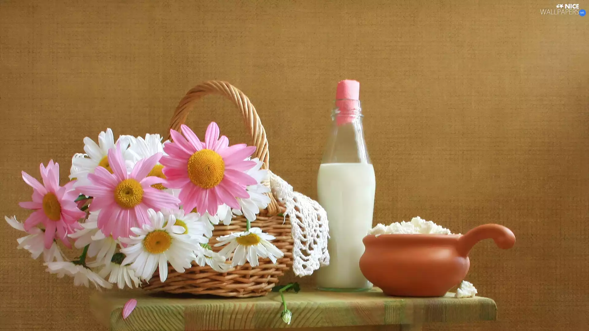 milk, Cottage cheese, daisy, Bottle, basket