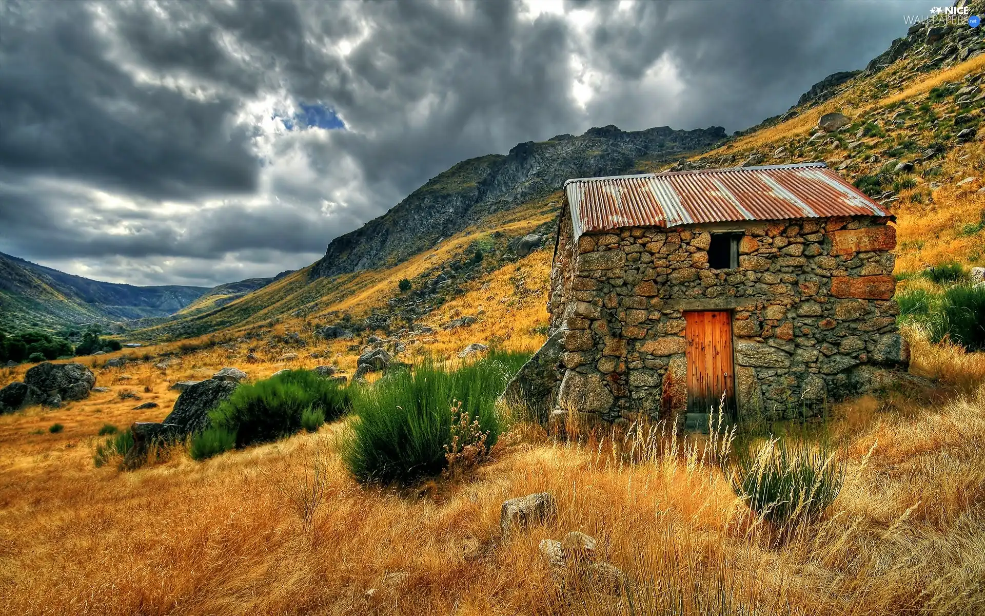 stone, Mountains, dark, clouds, house, Meadow