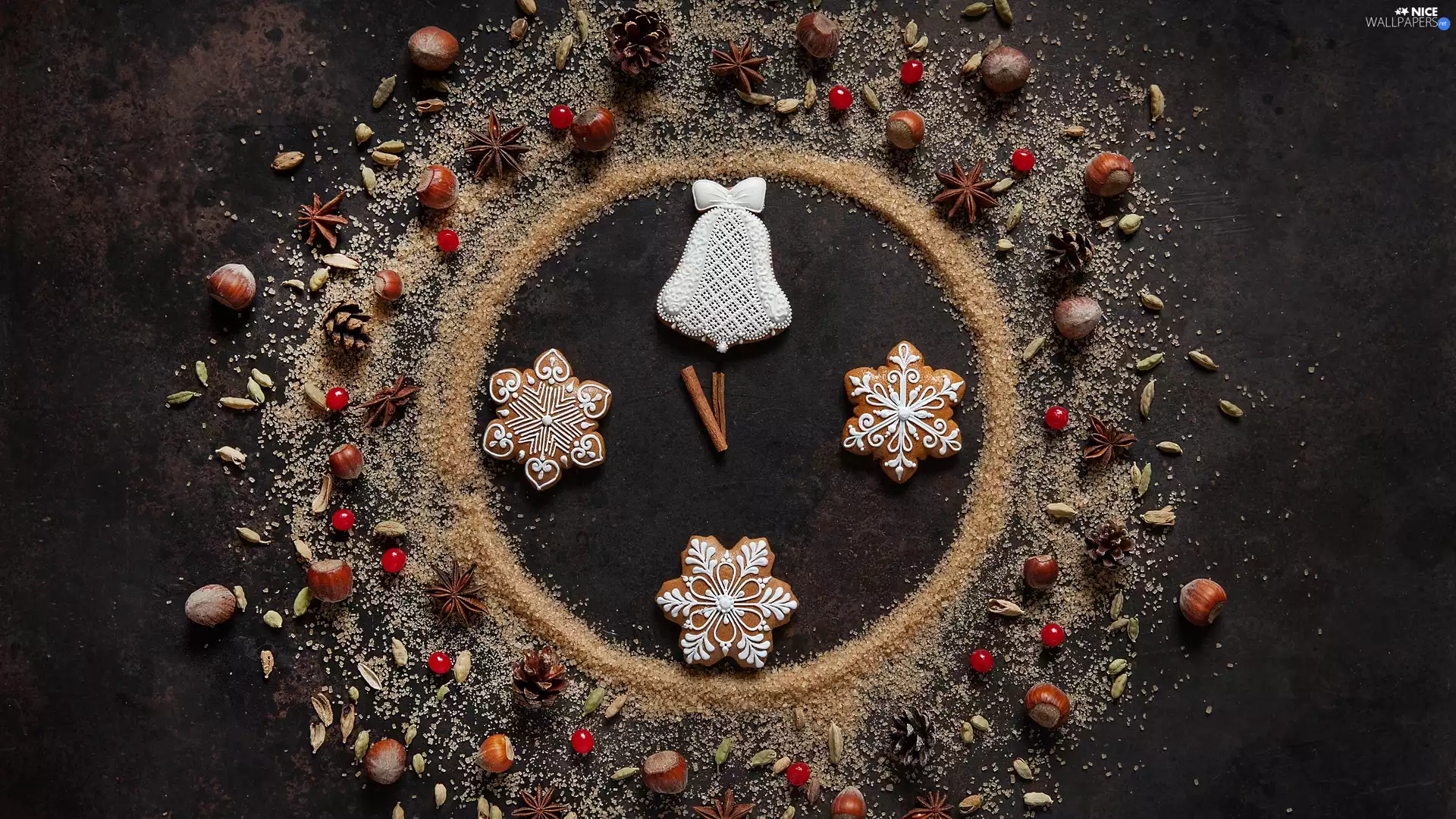 Sprinkled, composition, Brown, sugar, anise, background, dark, ginger, Christmas, blueberries, nuts