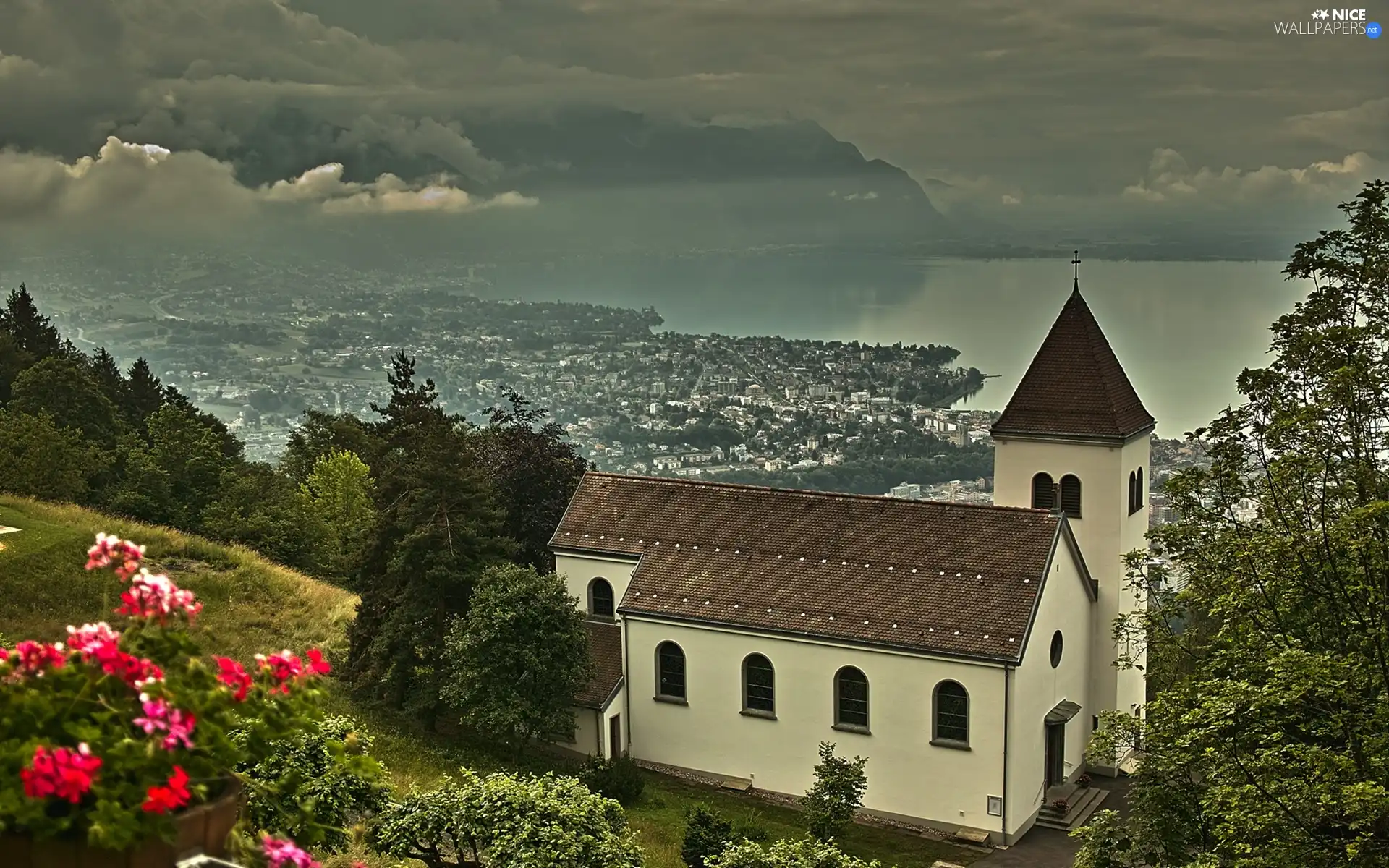 panorama, Church, dark, Sky, Town, slope