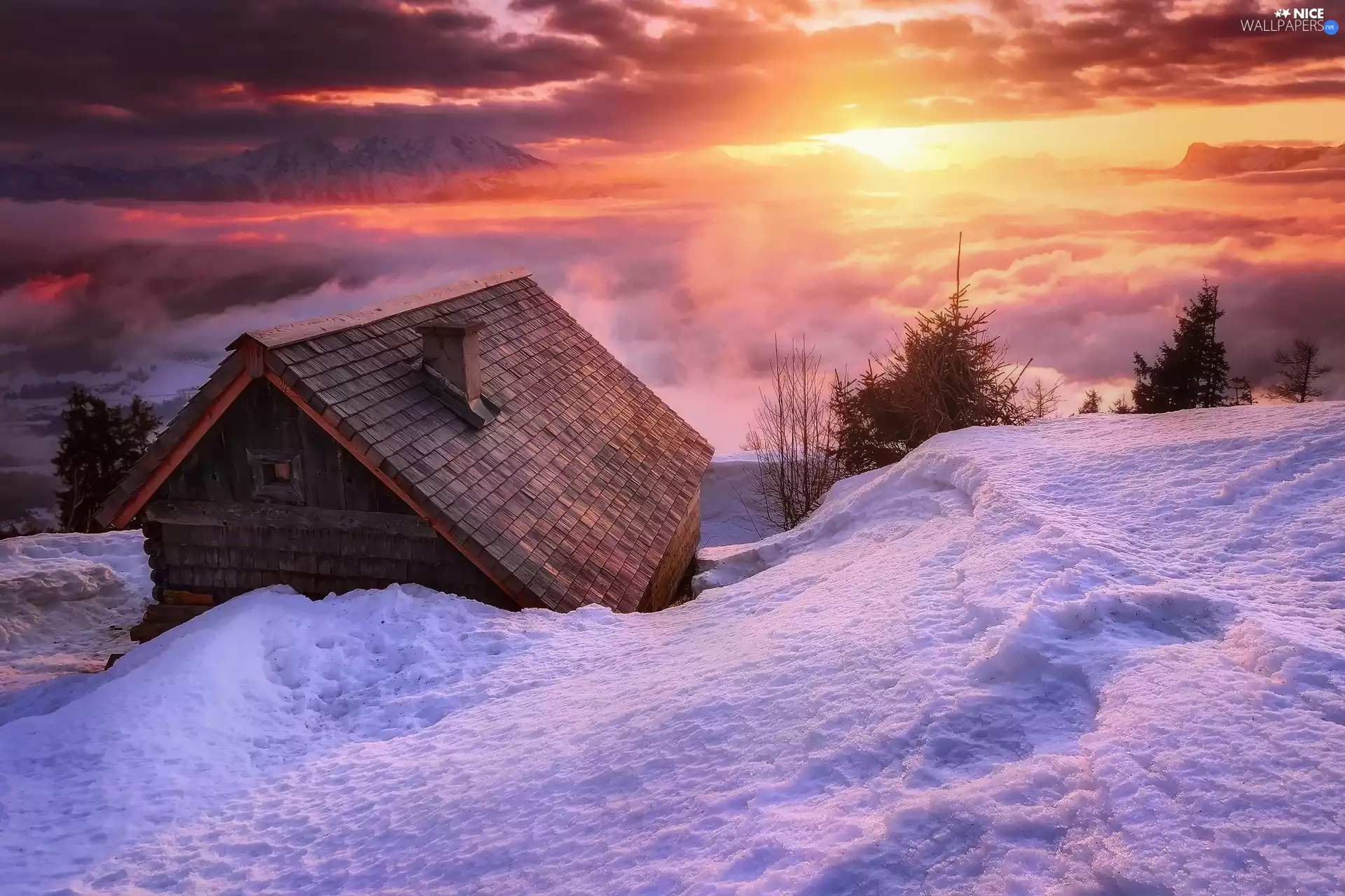 dawn, Sunrise, clouds, snow, trees, viewes, Wooden, Cottage, Mountains