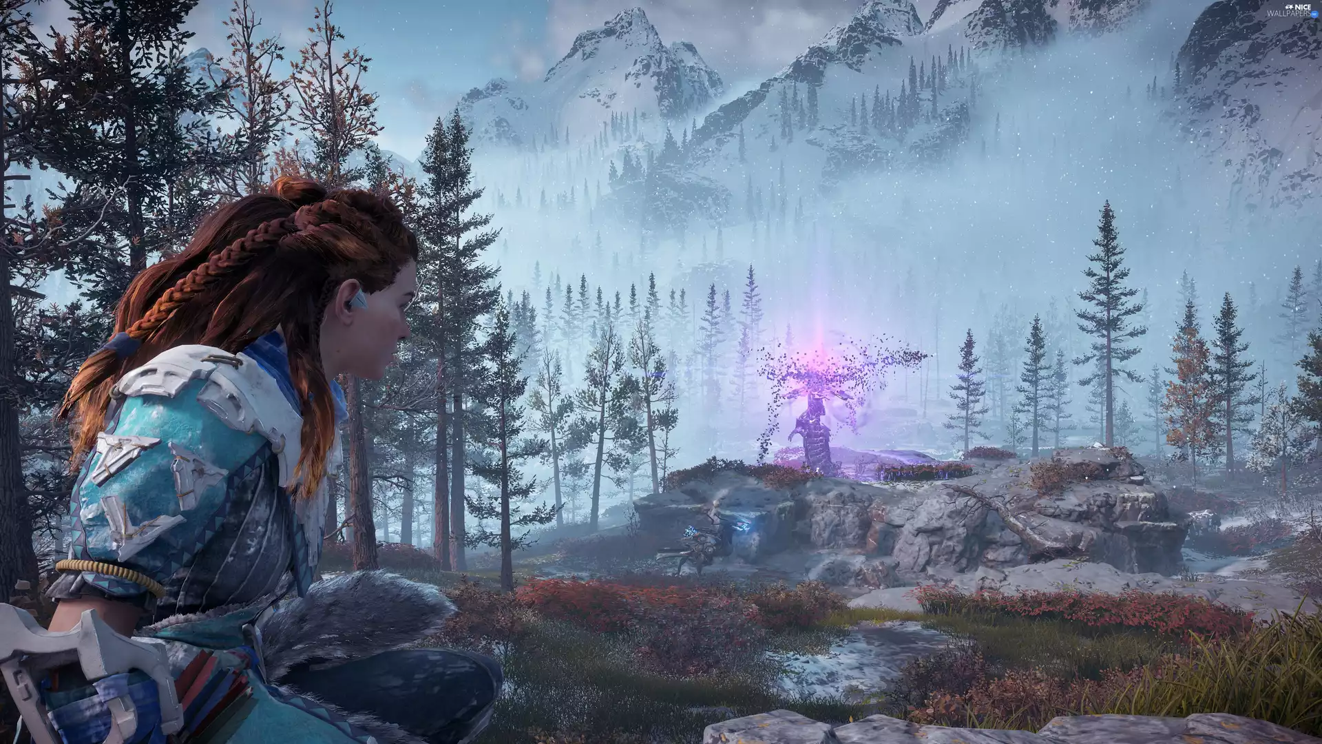 game, Horizon Zero Dawn, Mountains, forest, Aloy