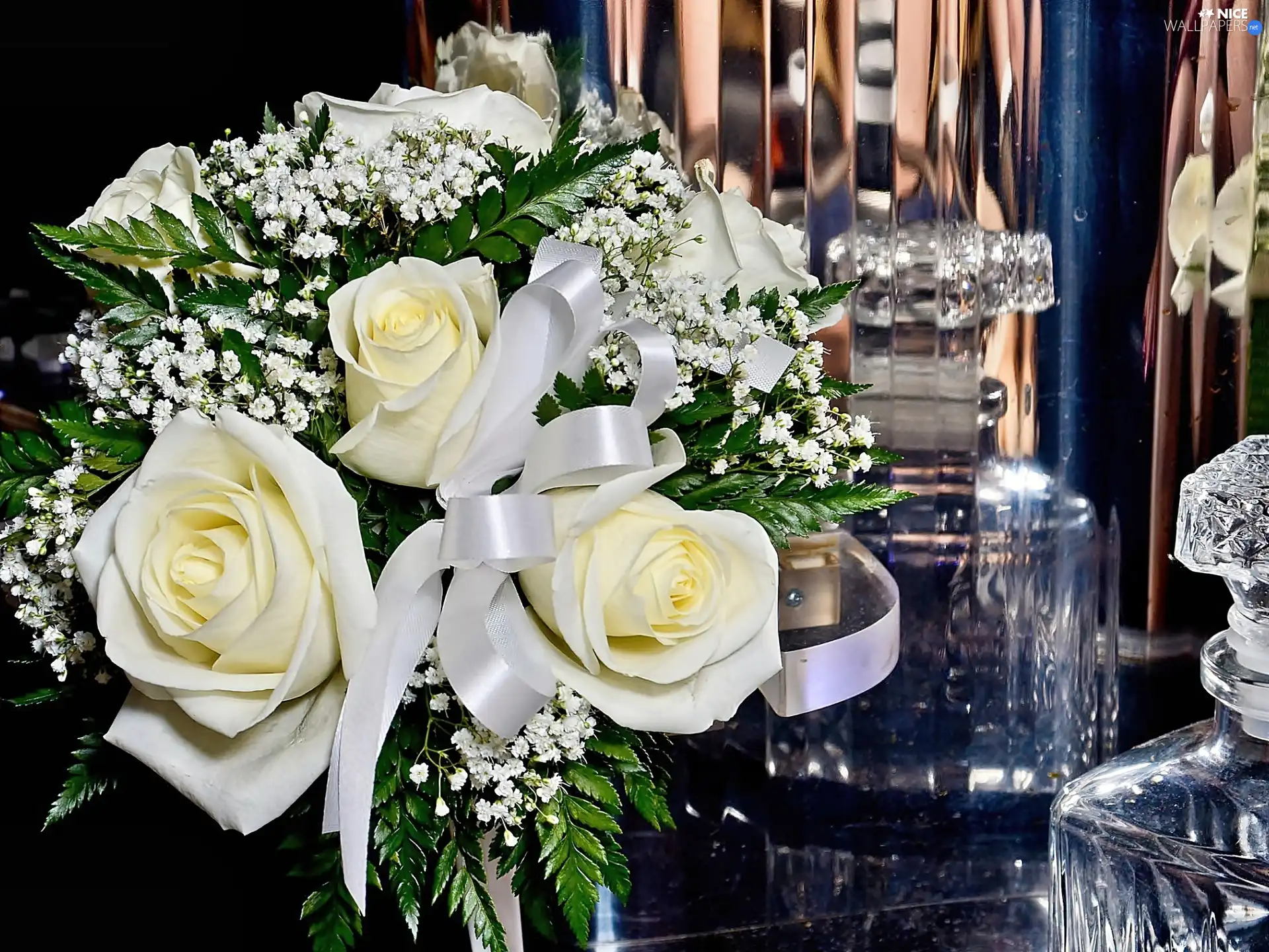 bouquet, rouge, decanters, white