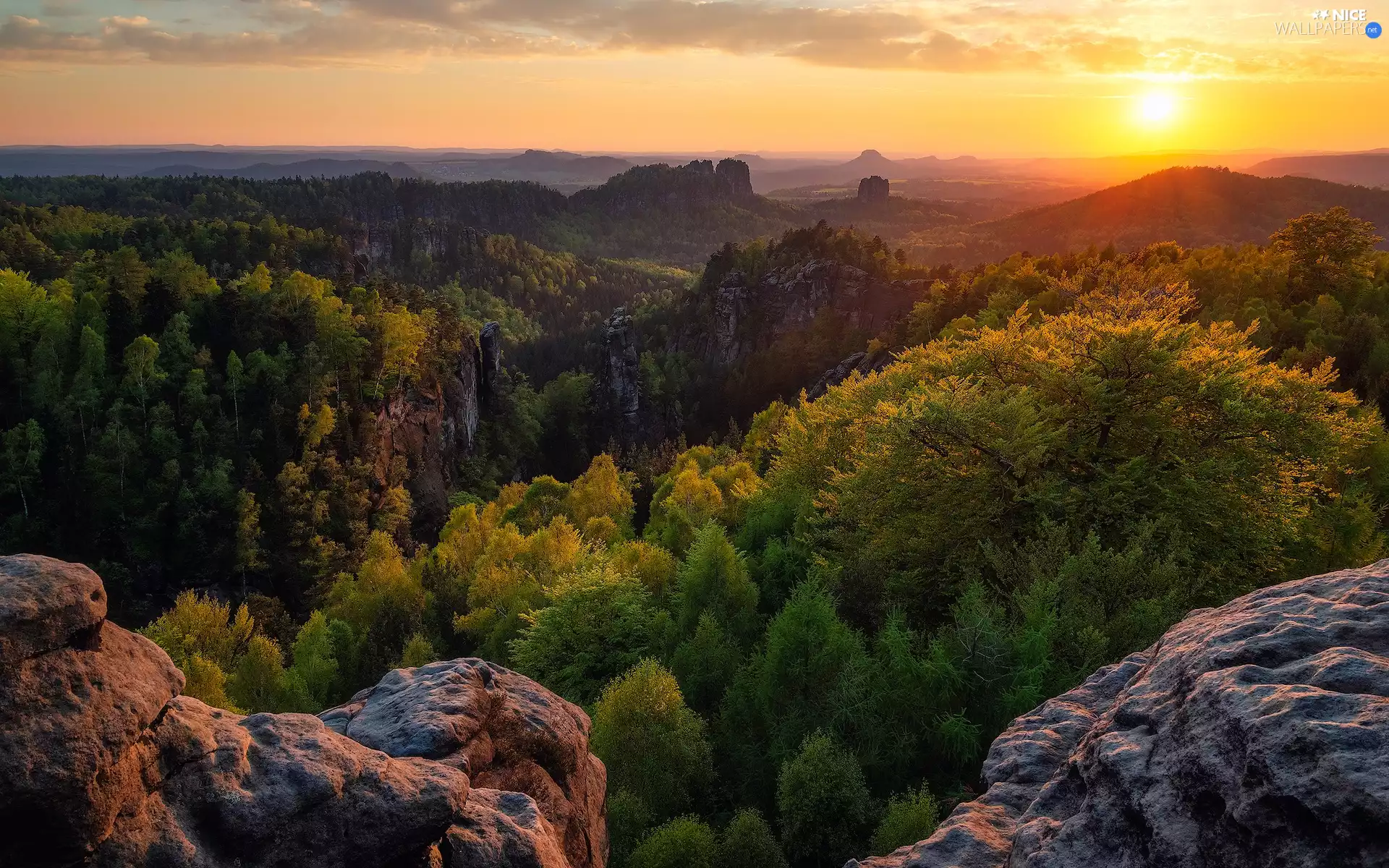 rocks, Saxon Switzerland National Park, viewes, Děčínská vrchovina, Germany, trees, Sunrise