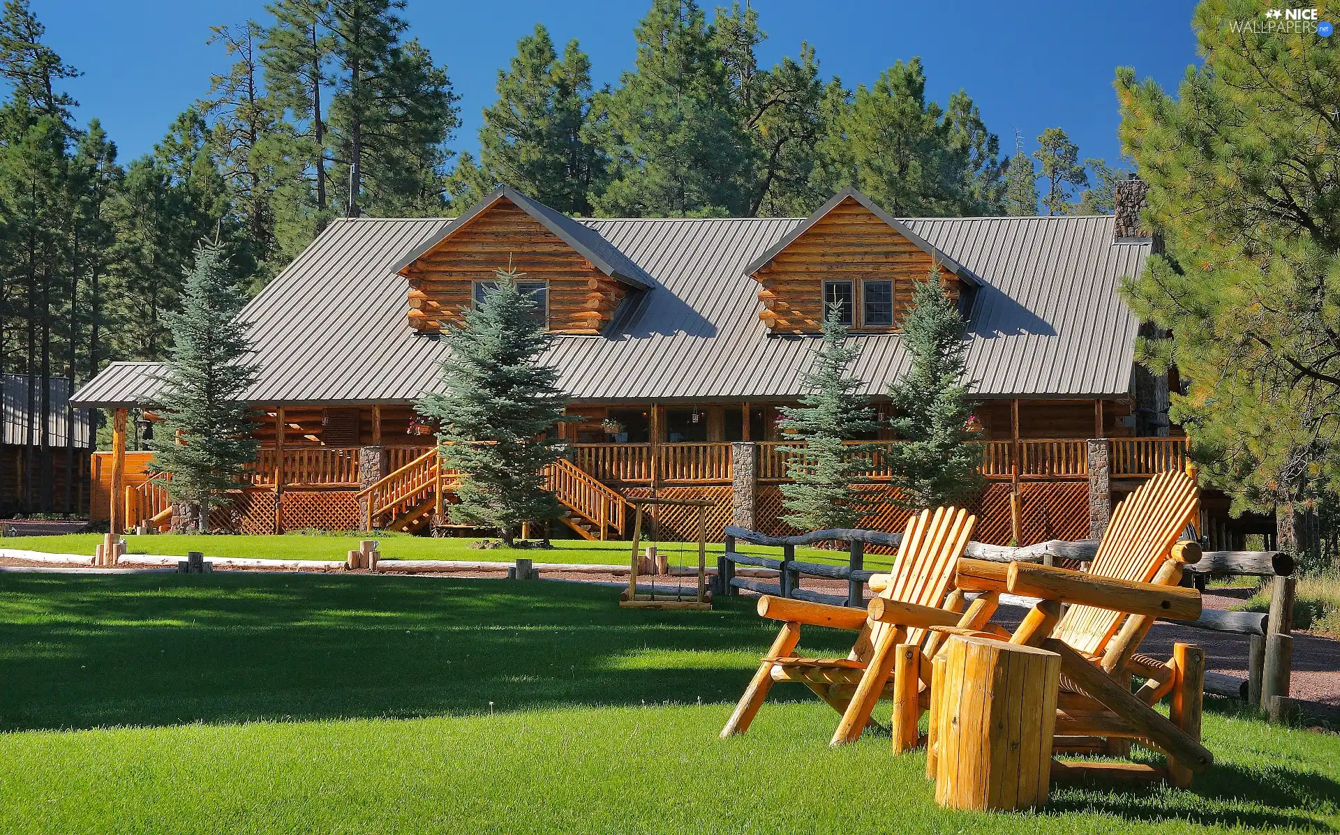 wooden, Lawn, deck chair, house