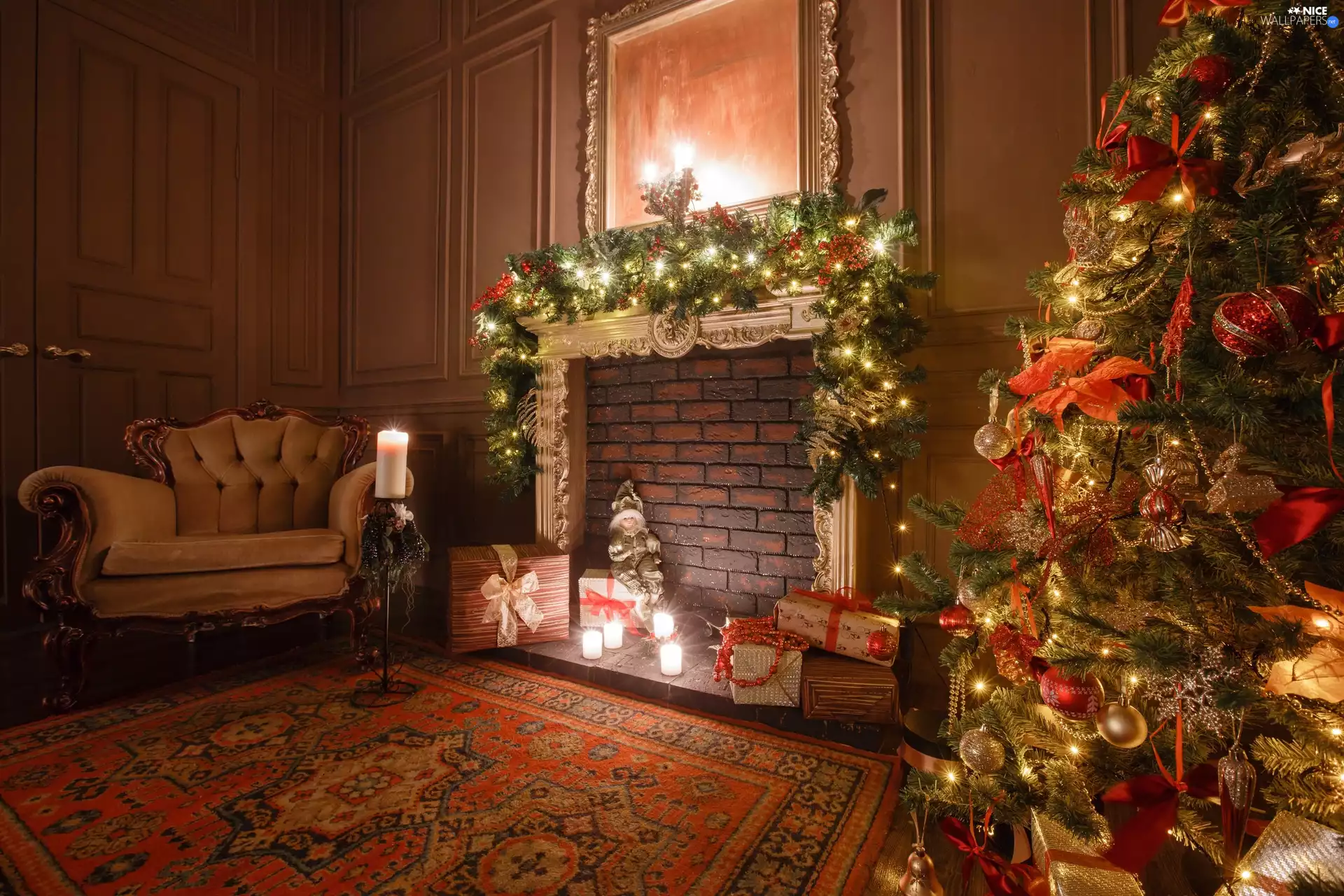 decor, burner chimney, Candles, christmas tree, Room, gifts, Armchair