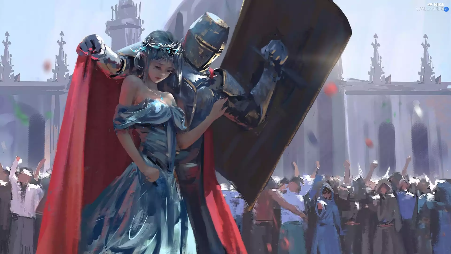 Angered, Knight, graphics, Digital Art, crowd, girl