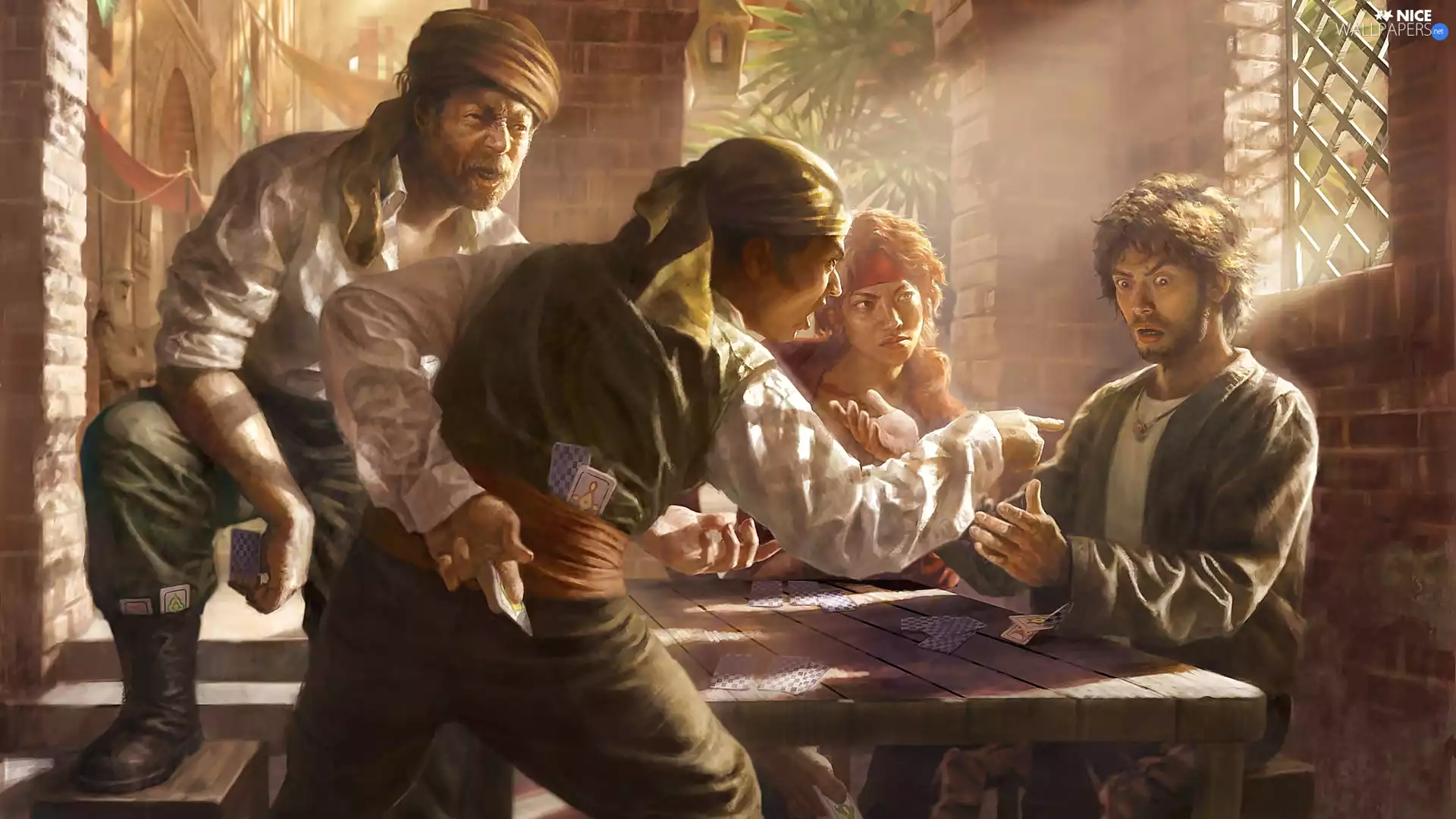 Cards, men, Illustration, Digital painting, Swindler, players