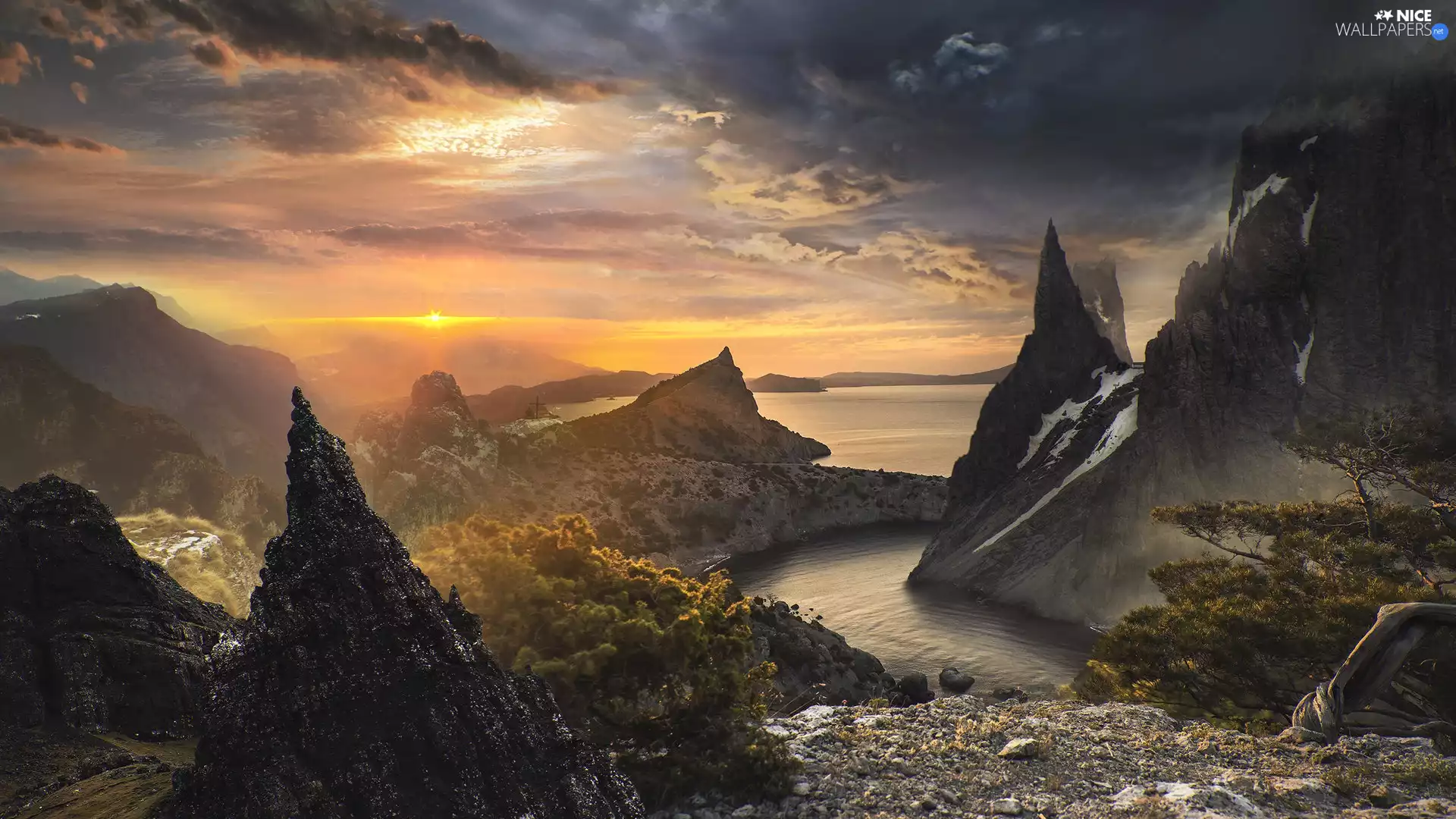 Mountains, Great Sunsets, Digital Art, sea