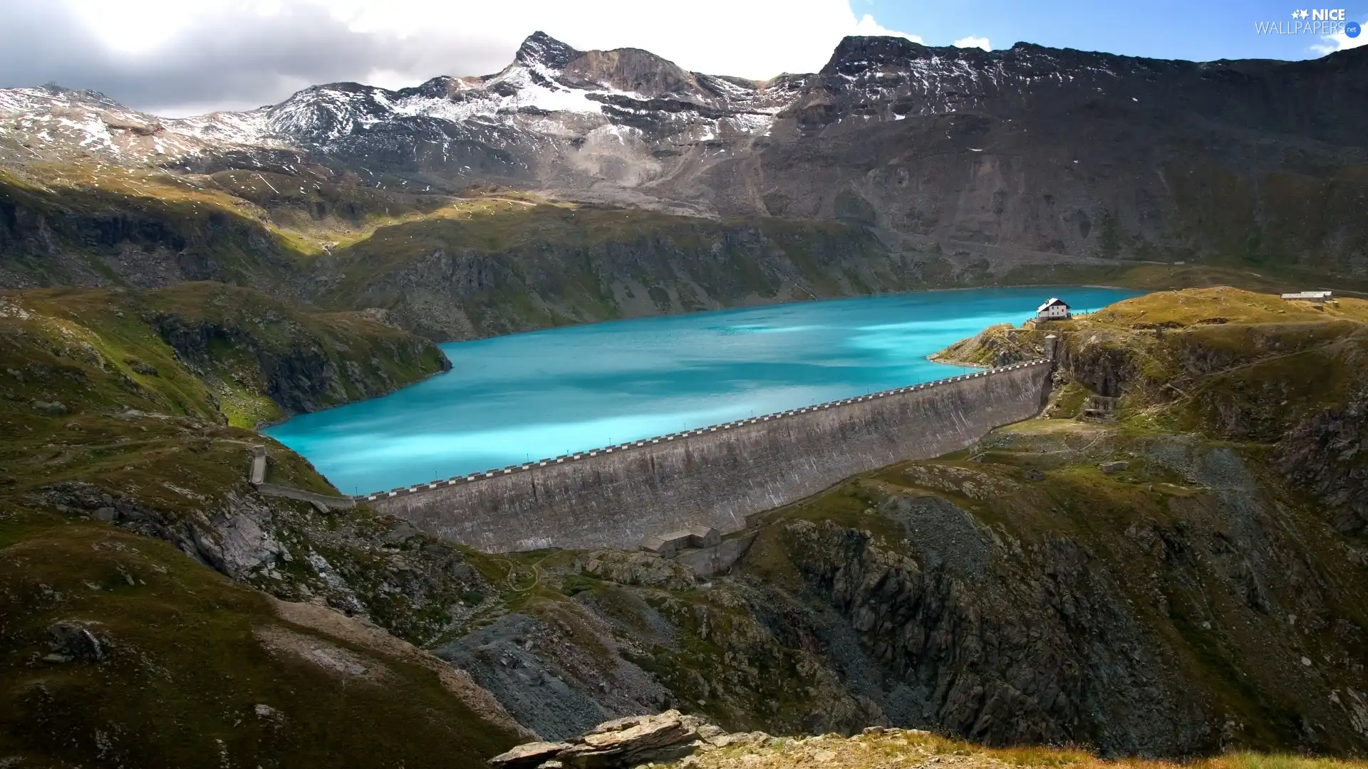 dike, Mountains, lake