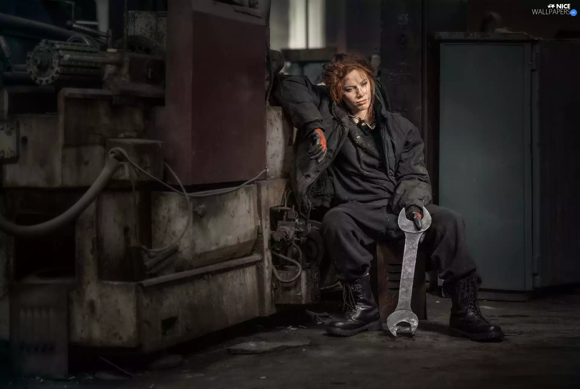 Flat wrench, work, dirty, Women, tired