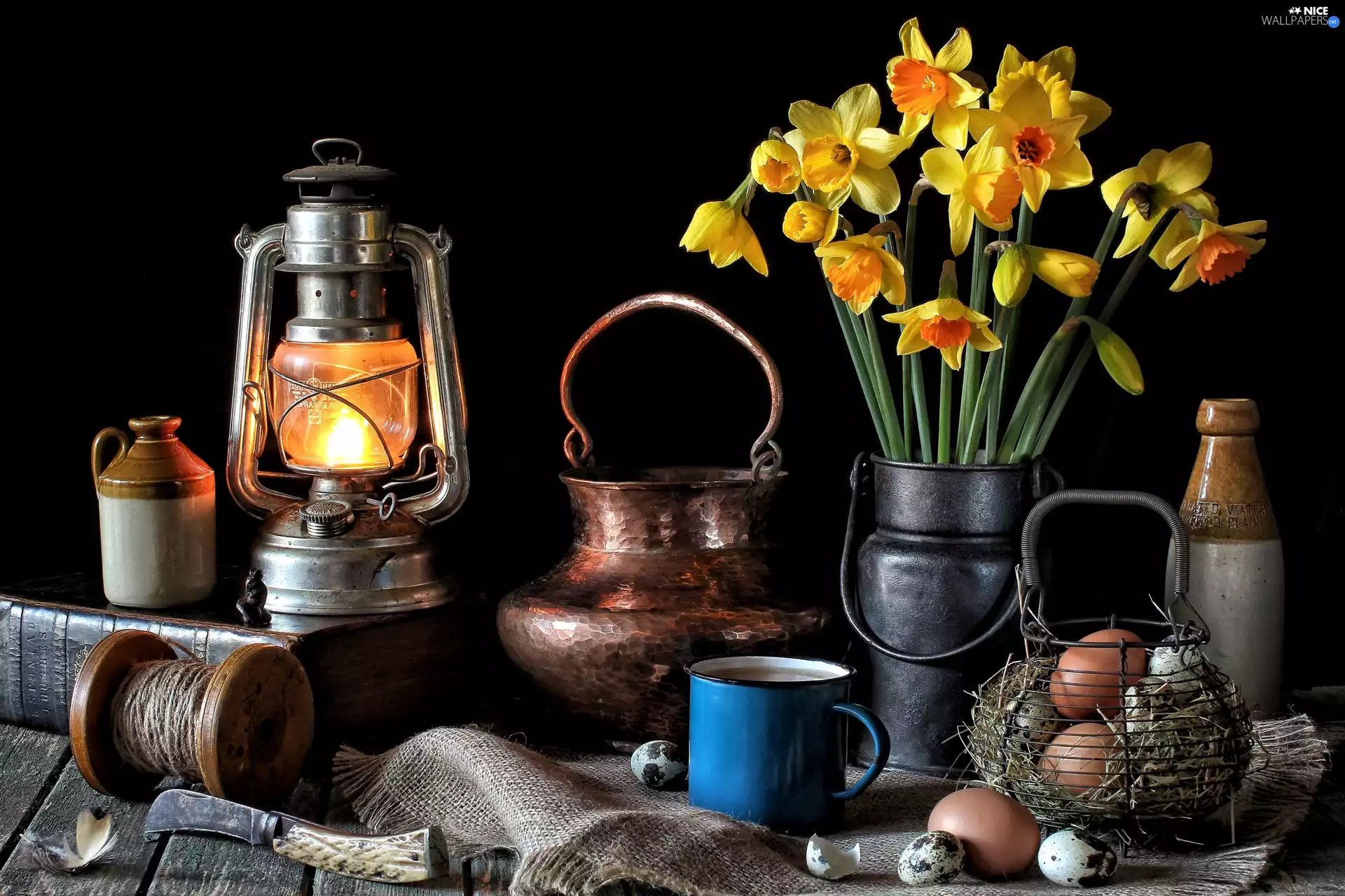 Stoneware, dishes, Lamp, bouquet, Vintage