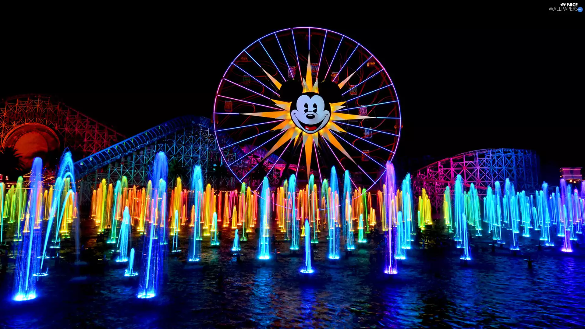 Disneyland, California, fountain, Anaheim, The United States, Ferris Wheel, Night