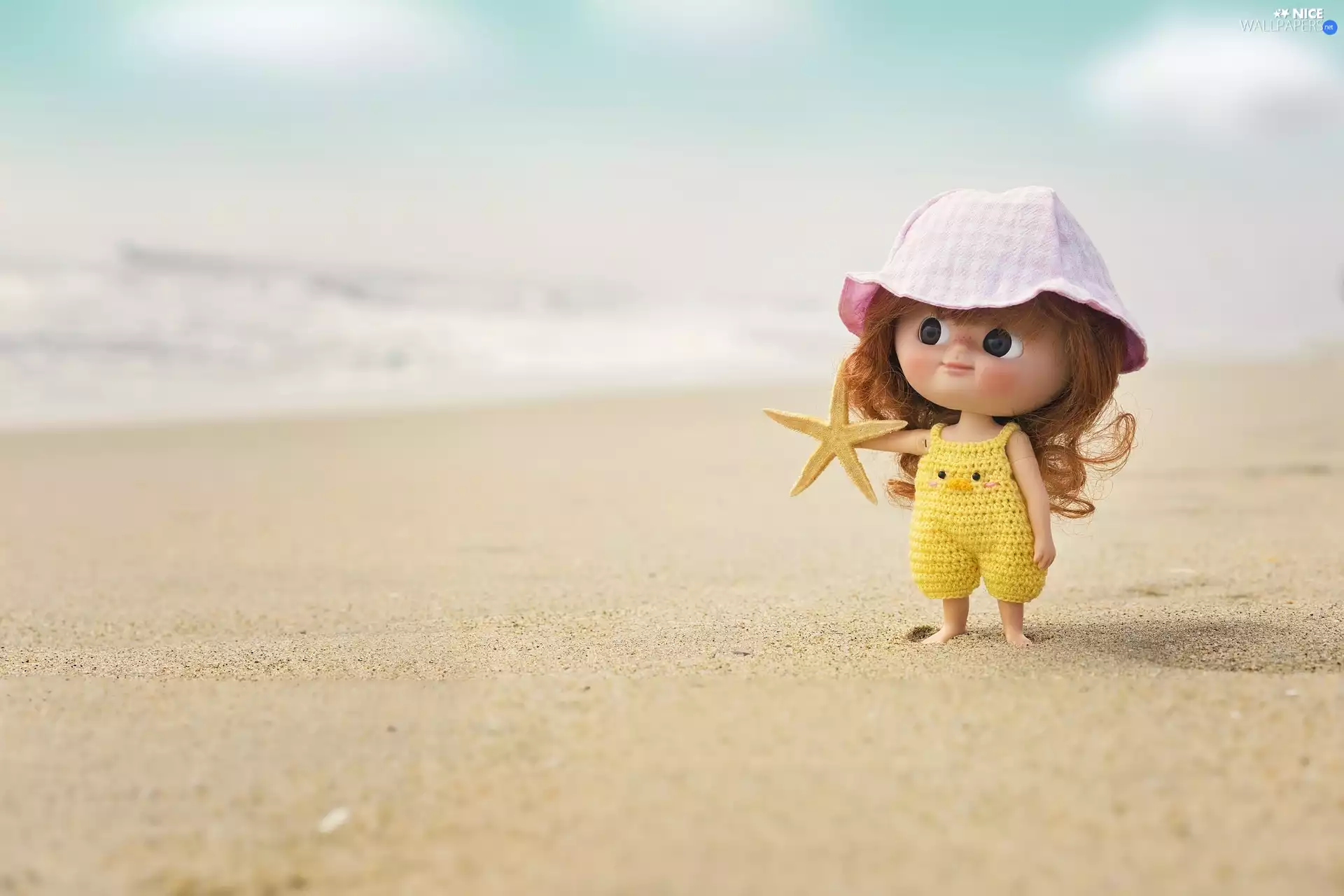 Hat, Sand, Yellow, doll, Beaches, starfish, clothes