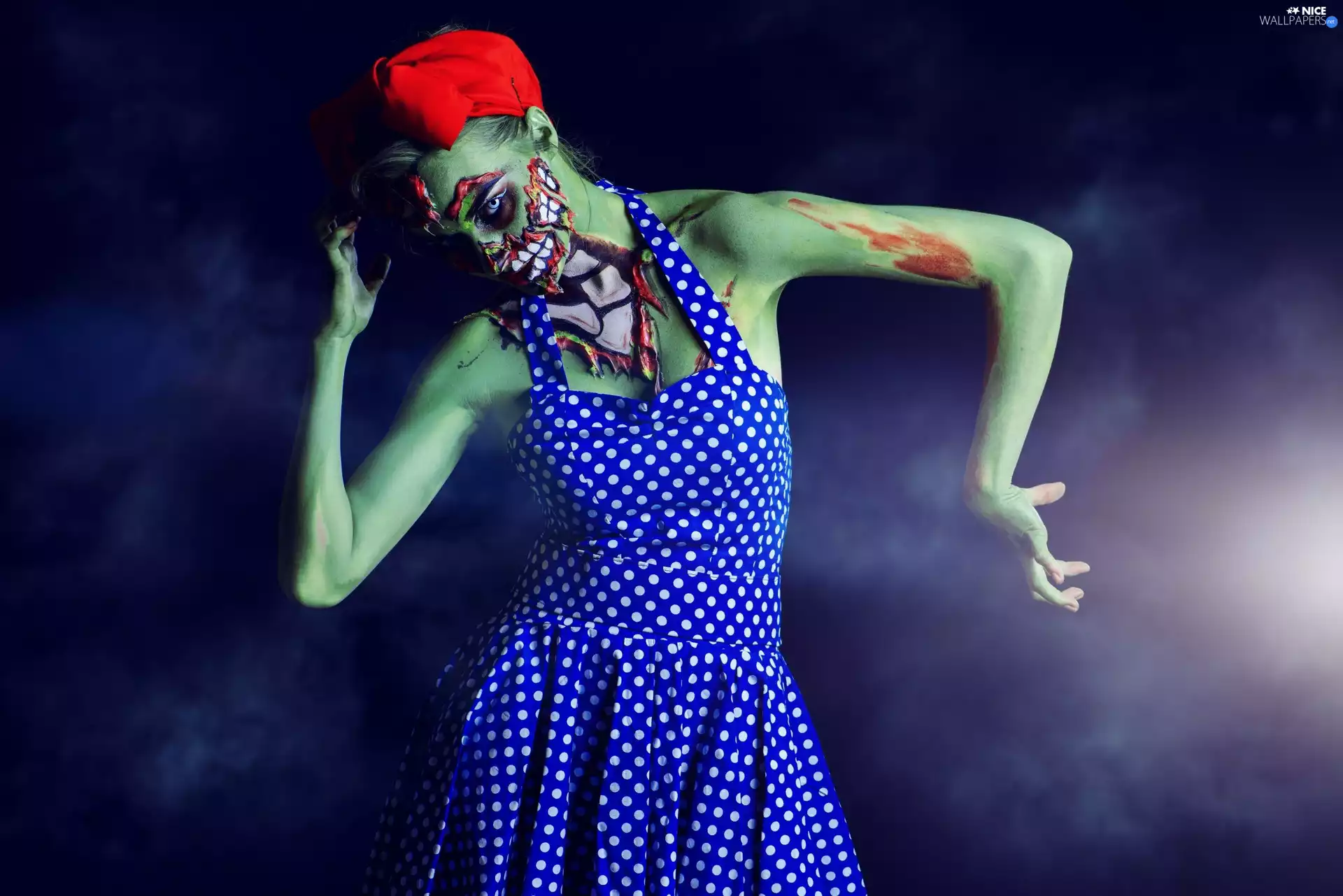 halloween, Women, Polka Dot Dress, zombie