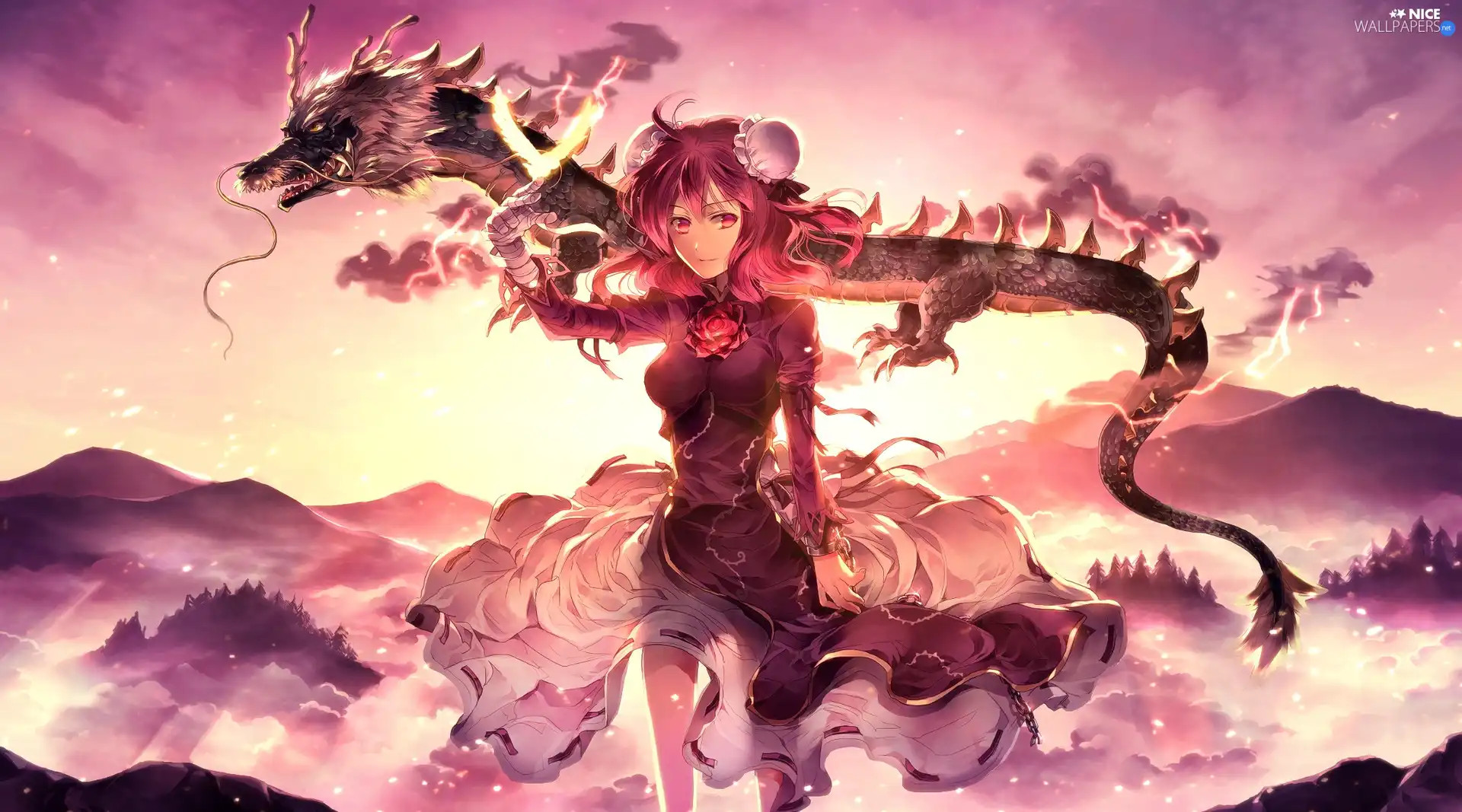 Dragon, girl, Mountains