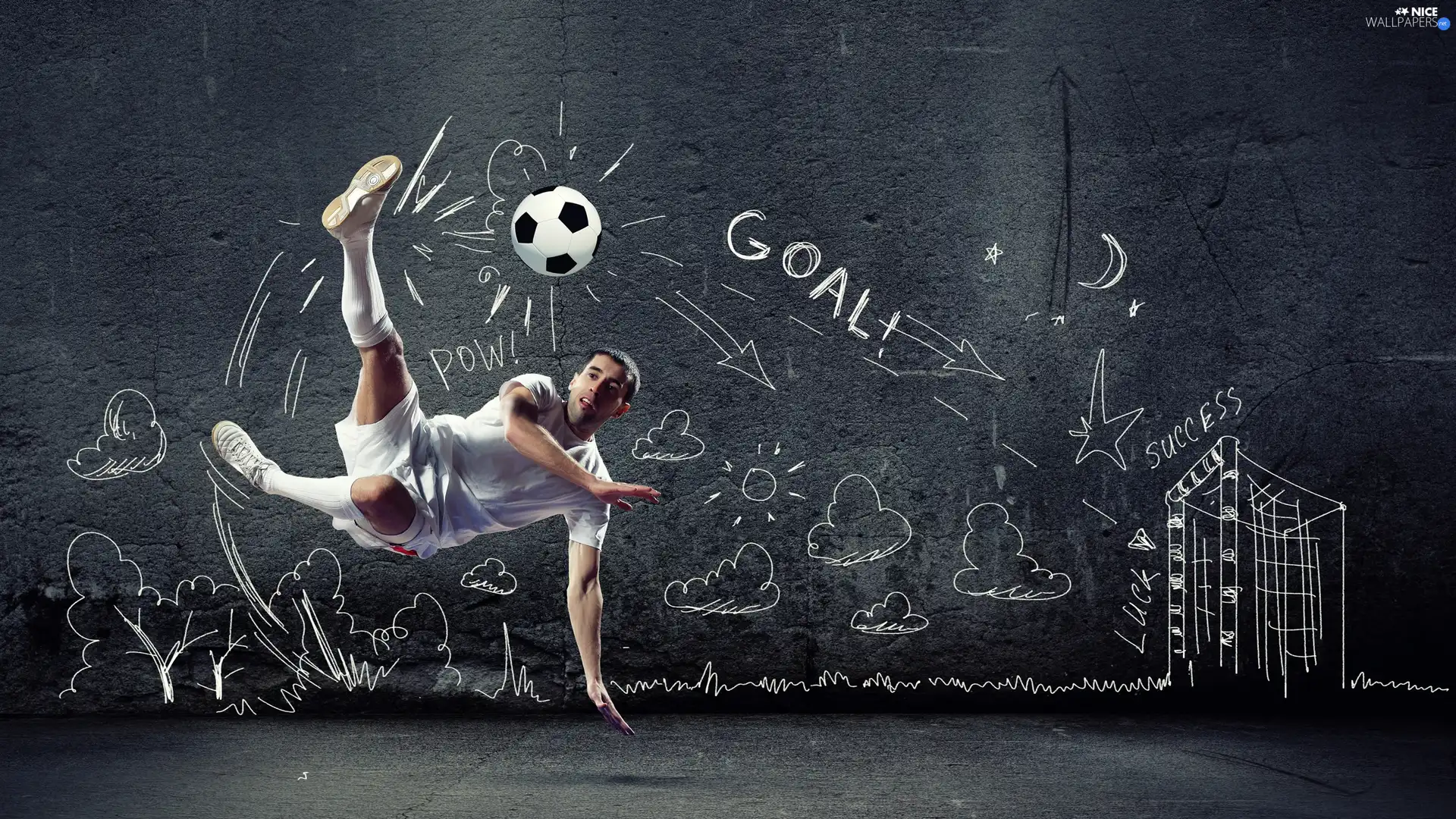 wall, Drawing, footballer, Ball, Soccer
