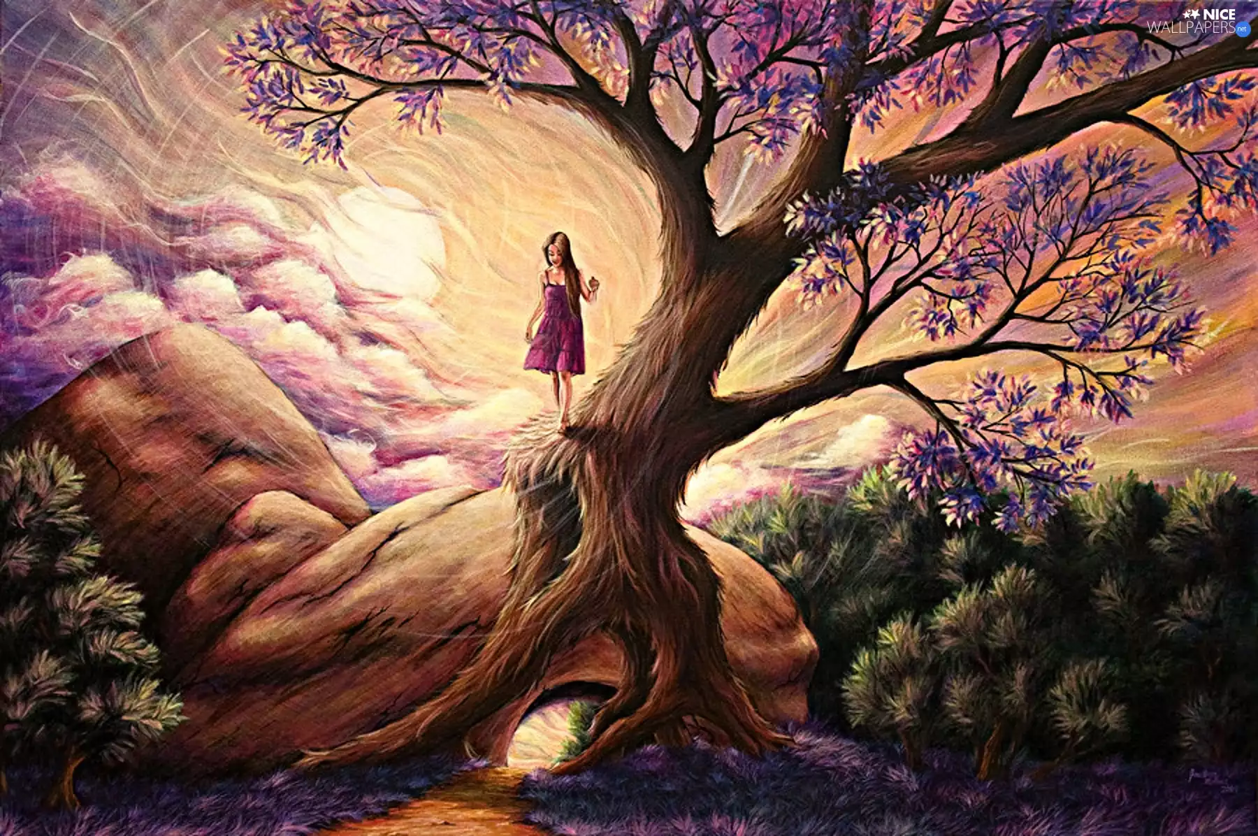 Drawing, girl, trees