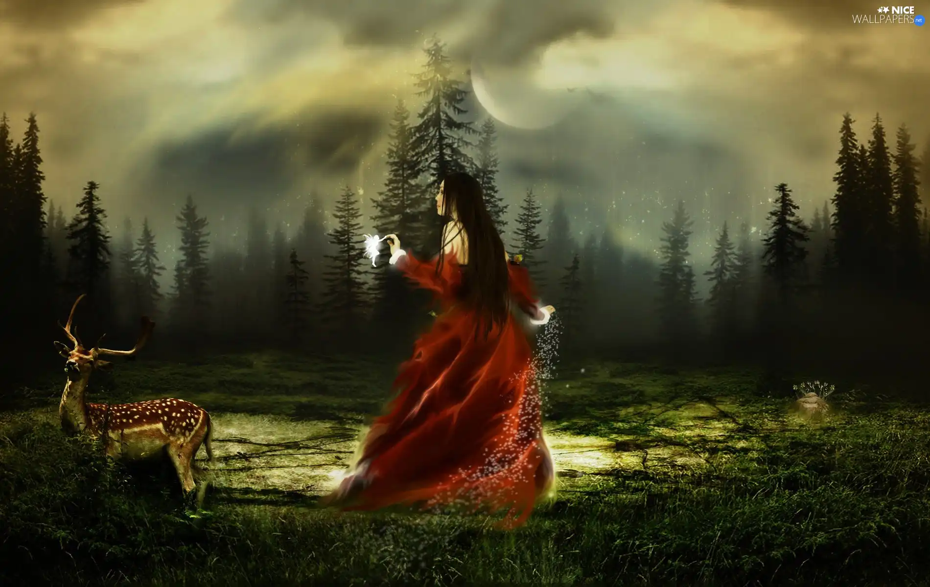 Dress, deer, girl, red hot, forest