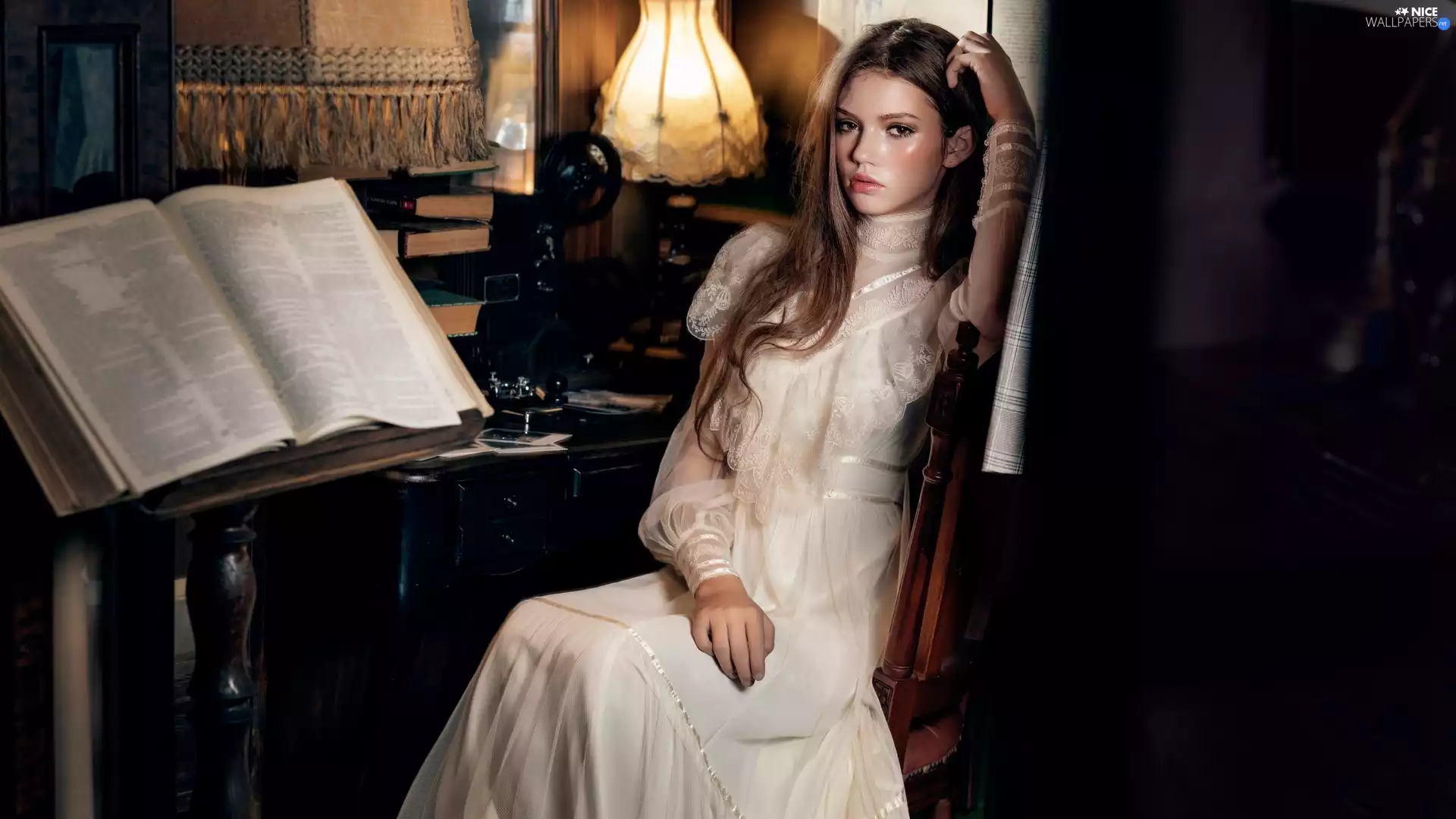 Lamp, Women, White, Dress, Book, interior