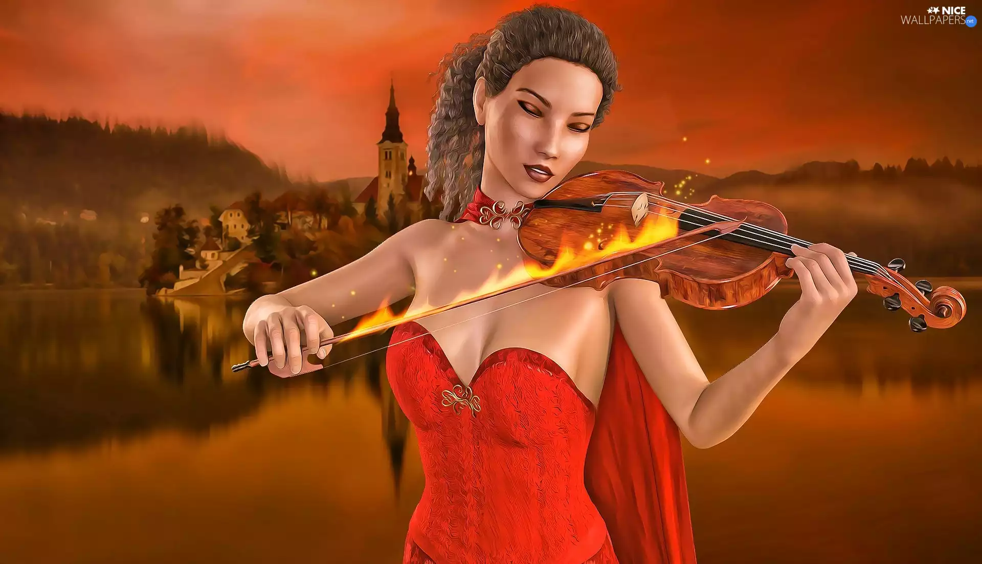 Women, dress, violin, red hot