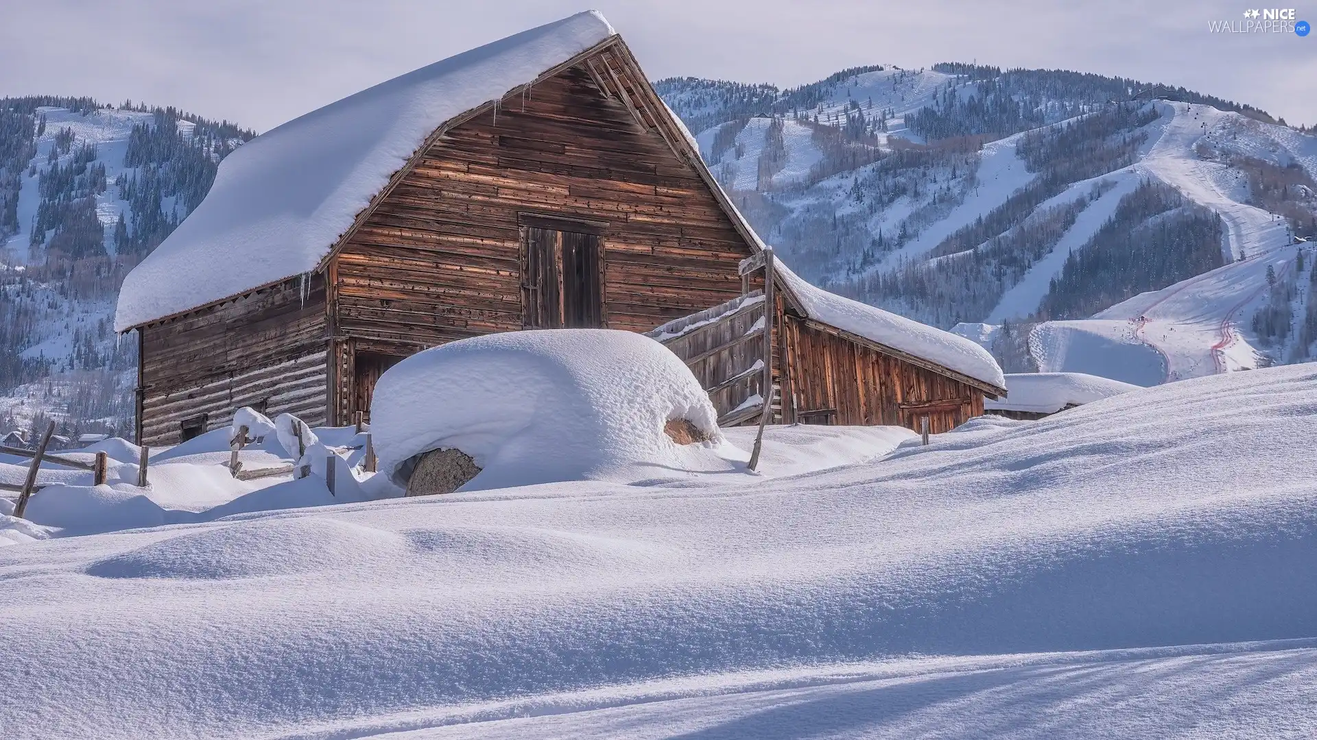 house, Mountains, cote, drifts, Wooden, winter