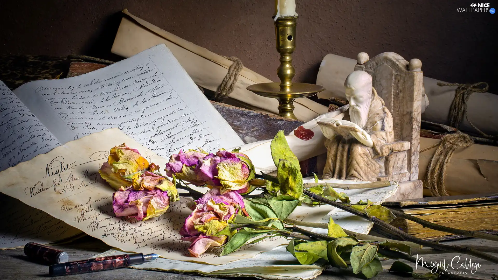 dry, composition, Flowers, roses, candle, Books, list, pen, figure