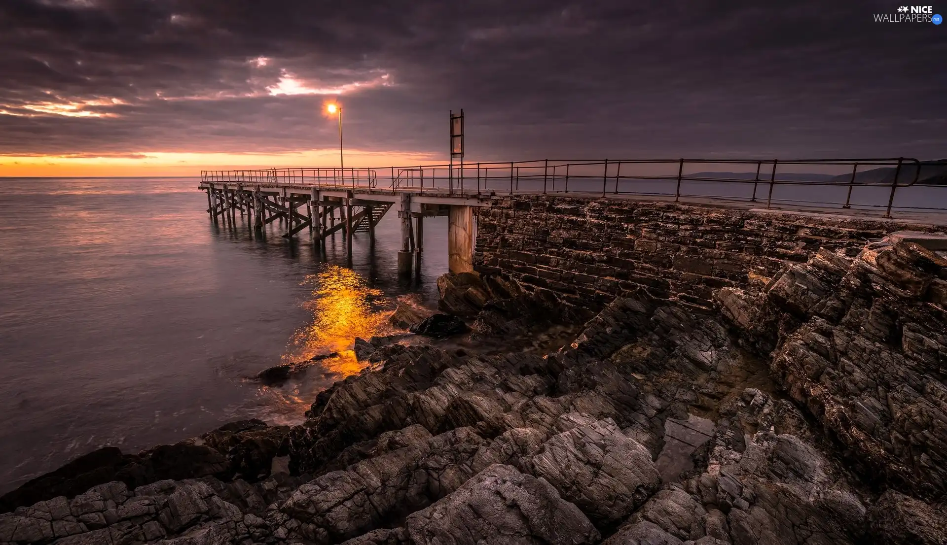 Dusk, Great Sunsets, pier, rocks, sea