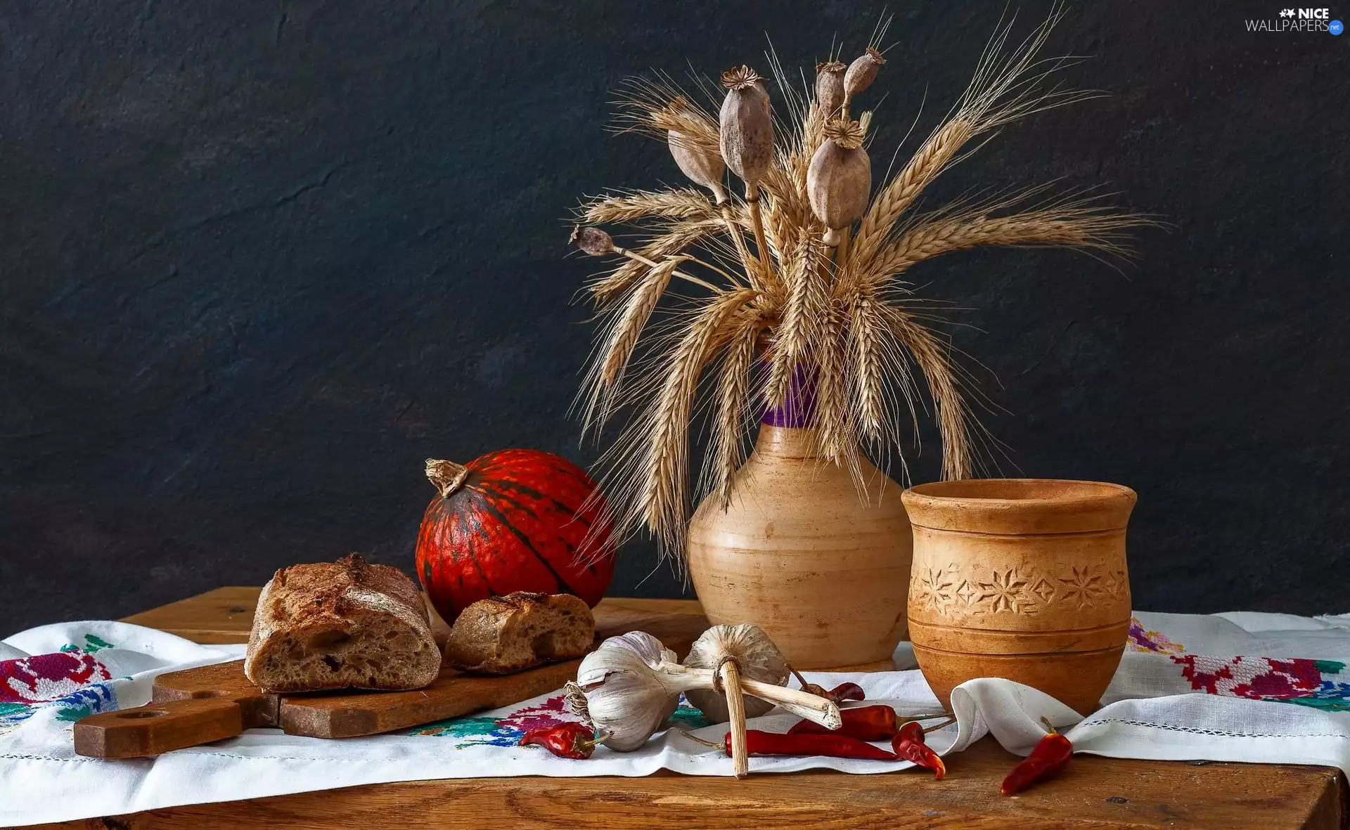 corn, Vase, bread, Ears, composition, Capsules, garlic
