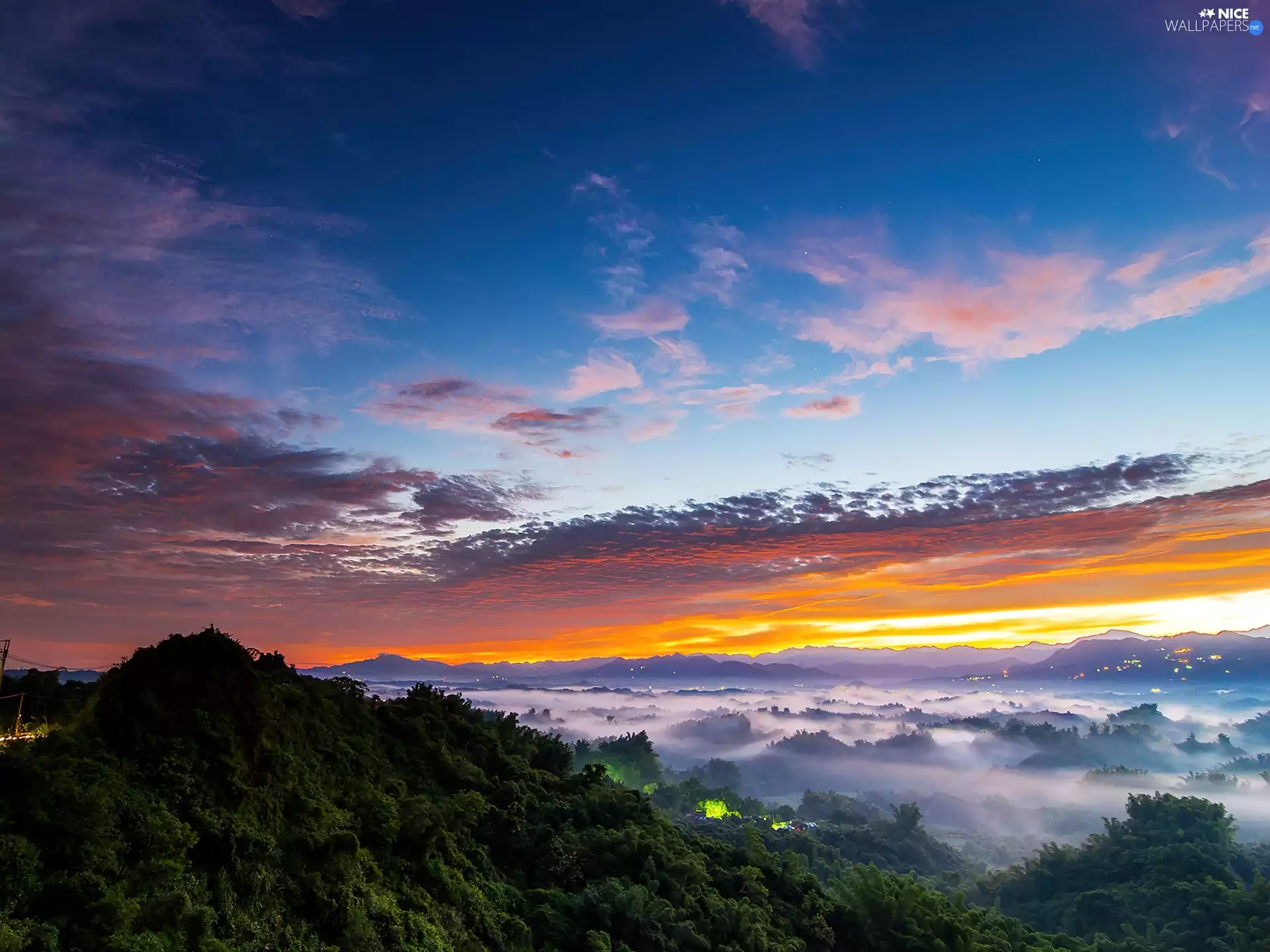 woods, The Hills, east, sun, Fog, Mountains