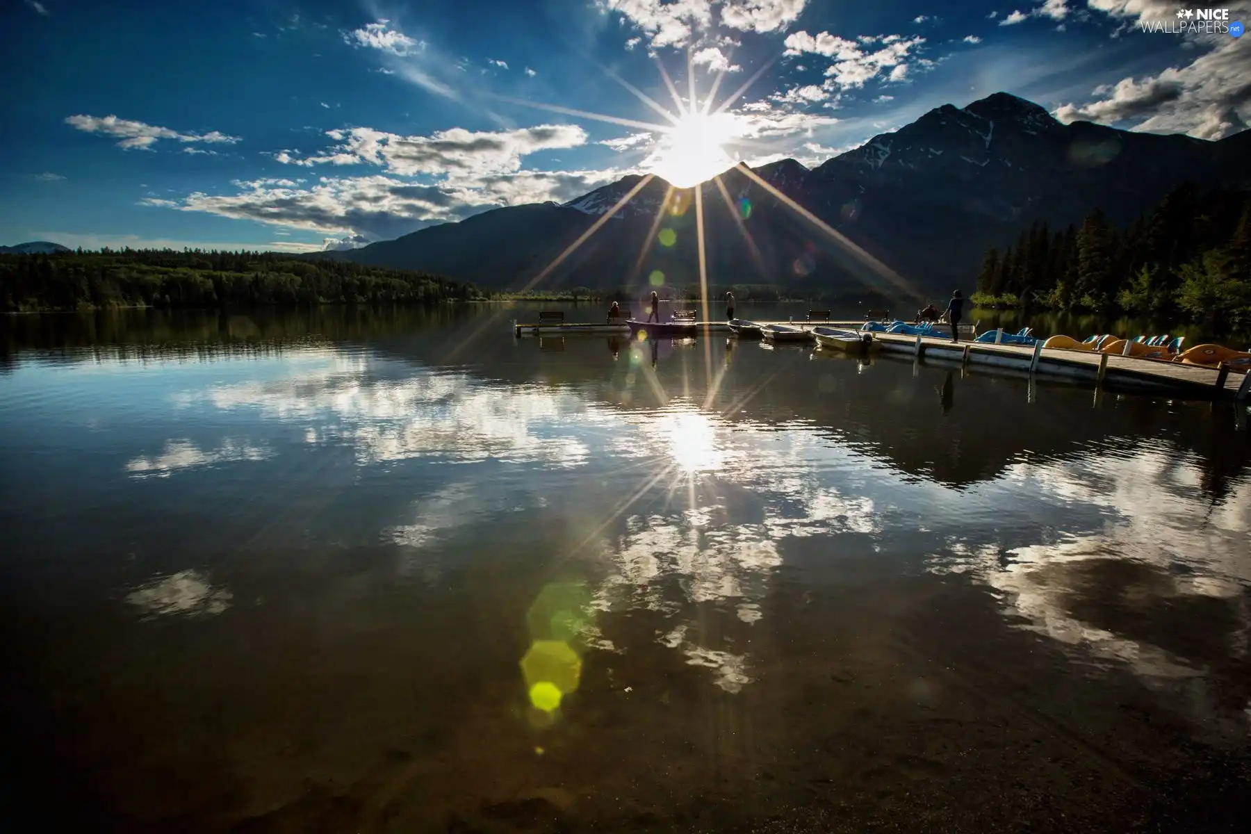 east, sun, Platform, Mountains, lake