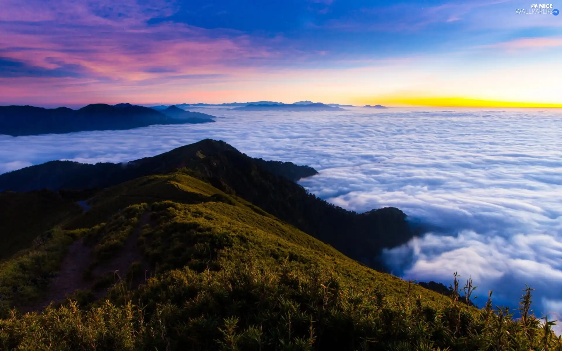 east, sun, Path, clouds, Mountains