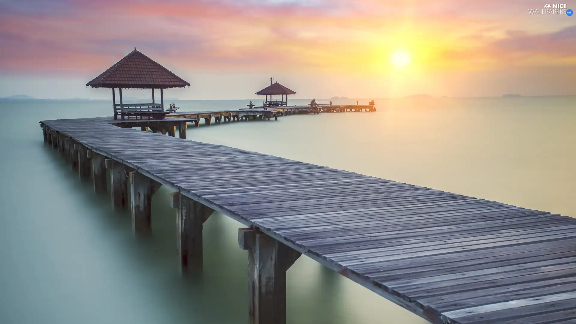 east, sun, sea, Fog, pier